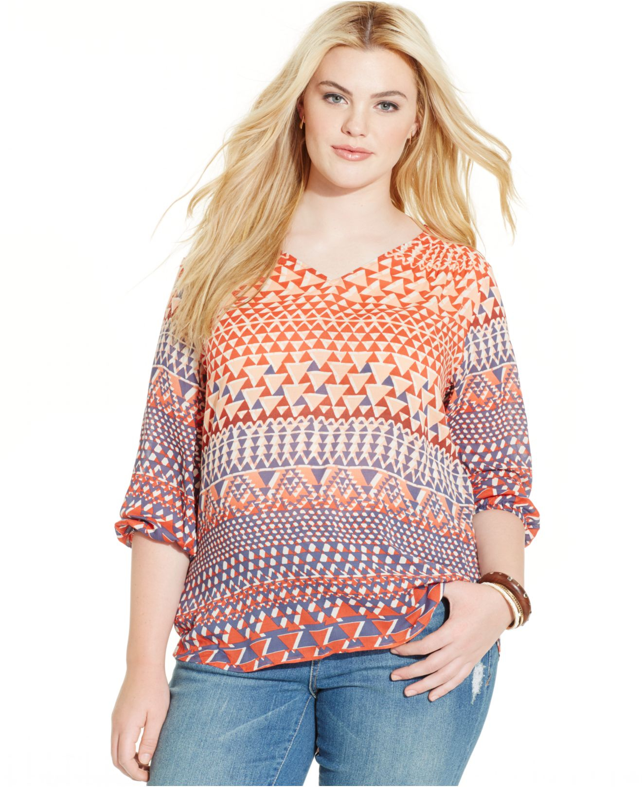 Lucky brand Lucky Brand Plus Size V-neck Geo-print Blouse in Orange | Lyst