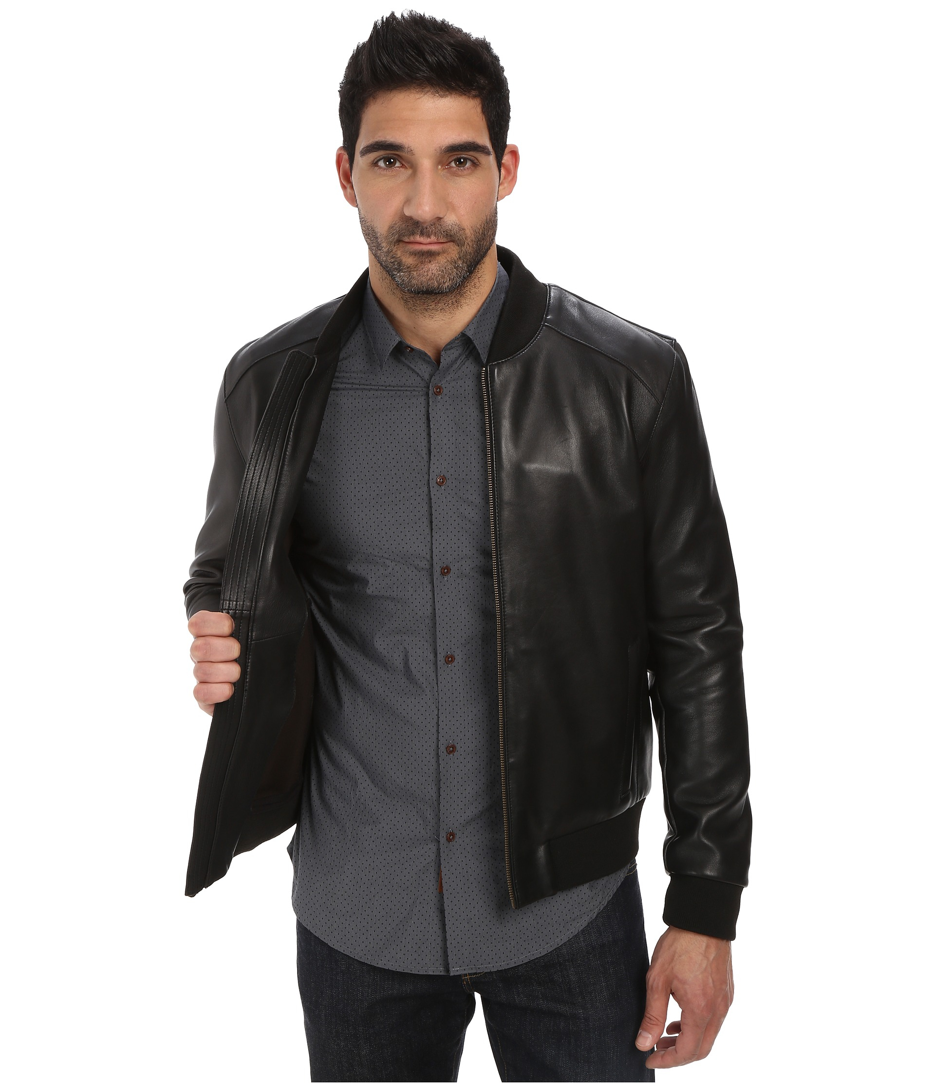 Cole haan Bonded Leather Varsity Jacket With Raw Edges in Black | Lyst