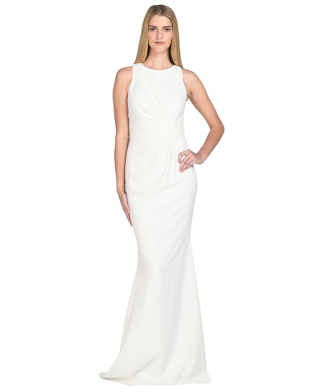 Badgley mischka Jewel Neckline Ruched Evening Gown in White (Ivory) | Lyst