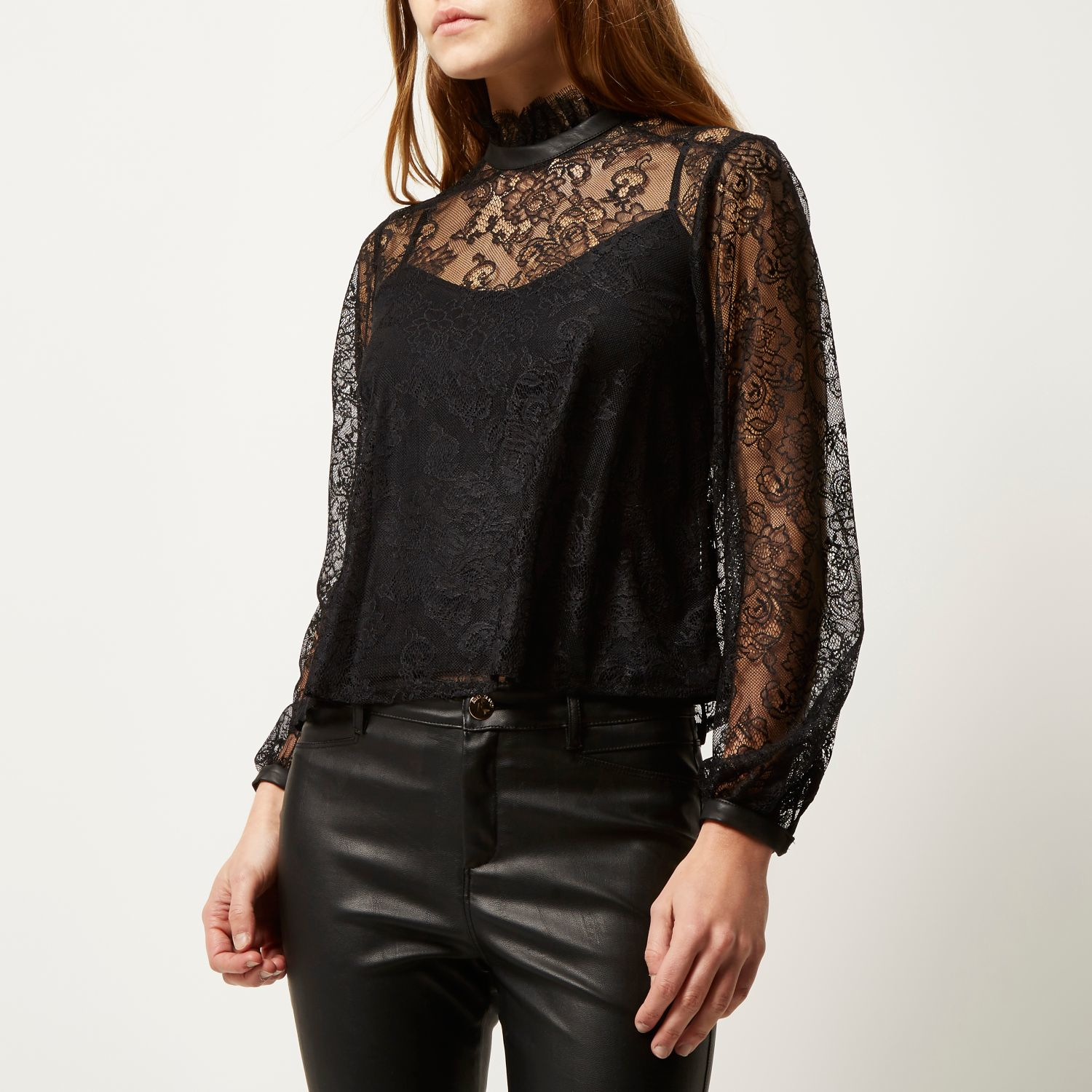 River Island Black Lace Victoriana High Neck Blouse - Lyst