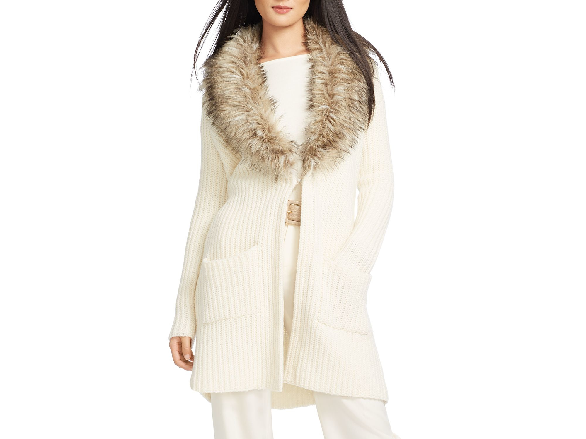 Lauren By Ralph Lauren Faux Fur Collar Cardigan In Natural Lyst 8752