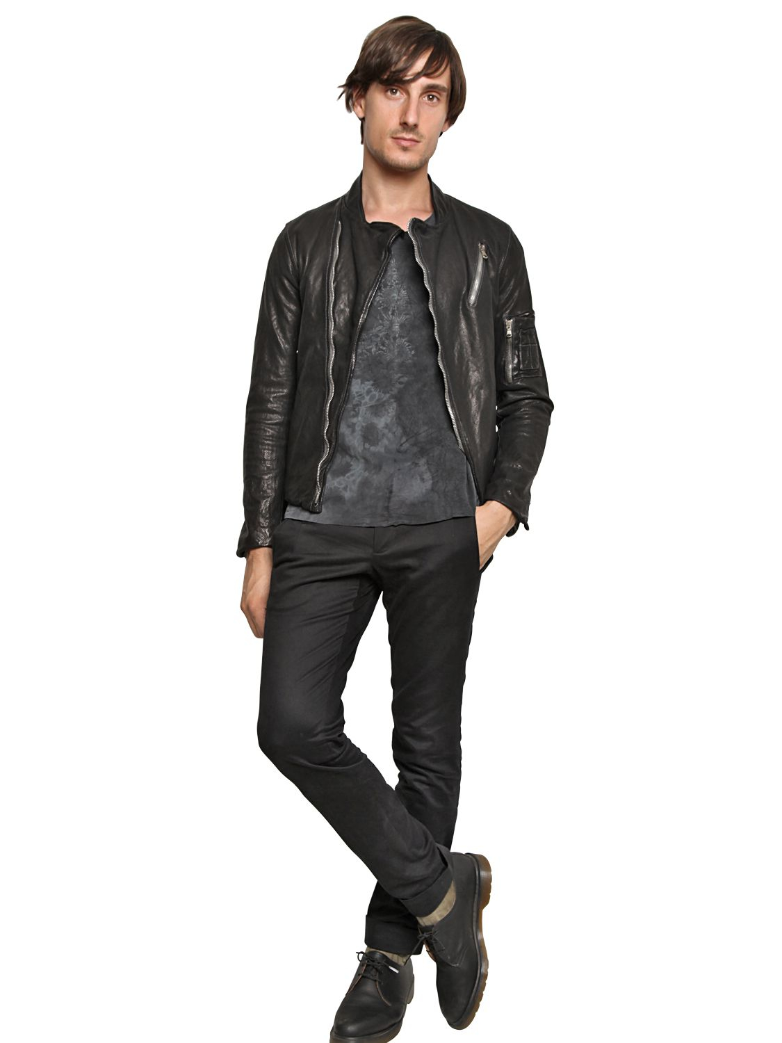 Officine Creative Perforated Washed Leather Biker Jacket In Black Gallery