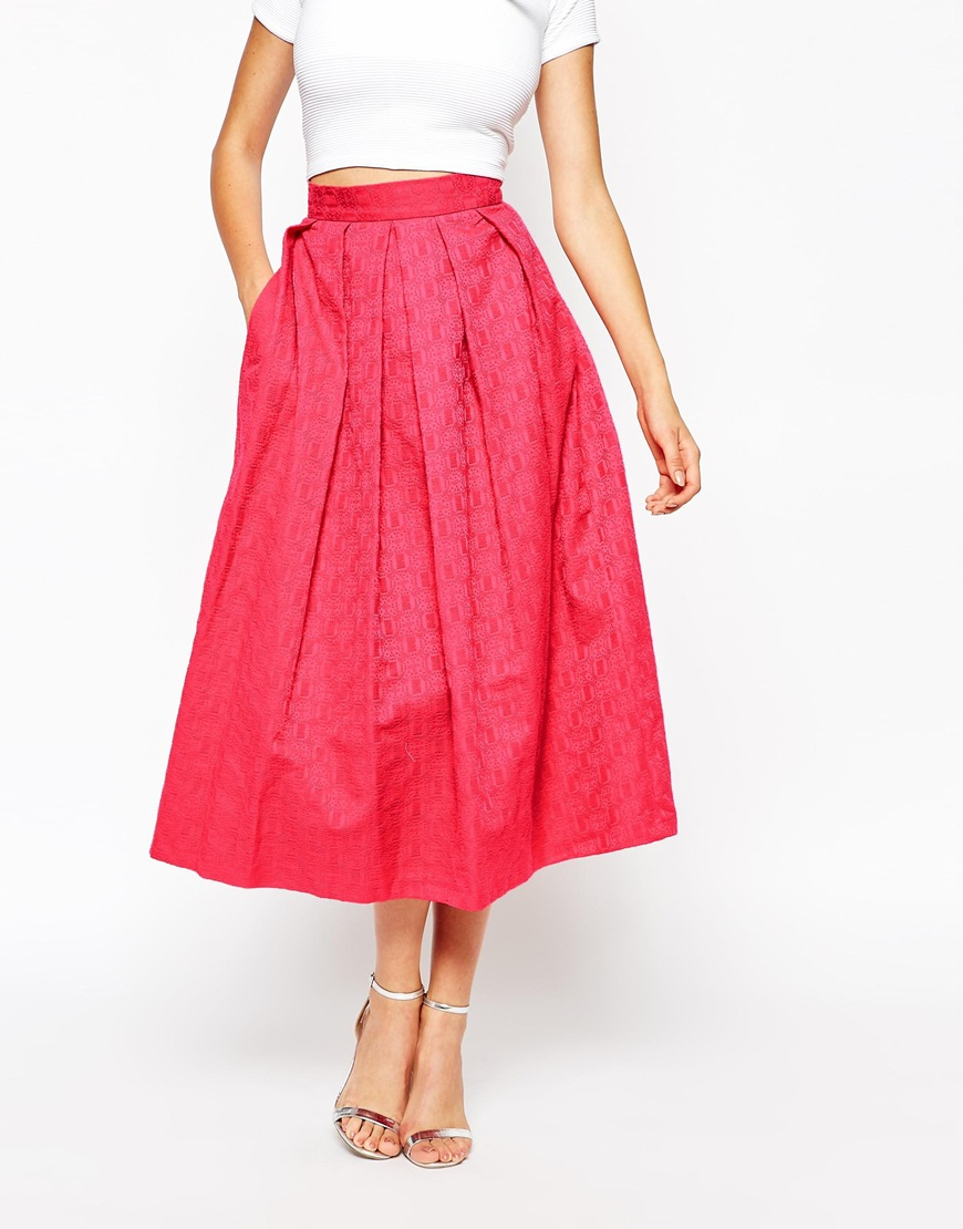 Lyst - Closet Full Pleated Midi Skirt In Jacquard in Red