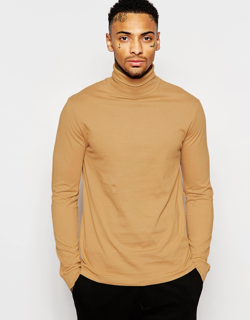 Lyst - Asos Long Sleeve T-shirt With Roll Neck In Camel in Brown for Men