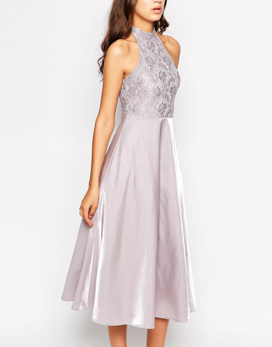Lyst - True Decadence High Neck Lace Top Prom Dress in Gray