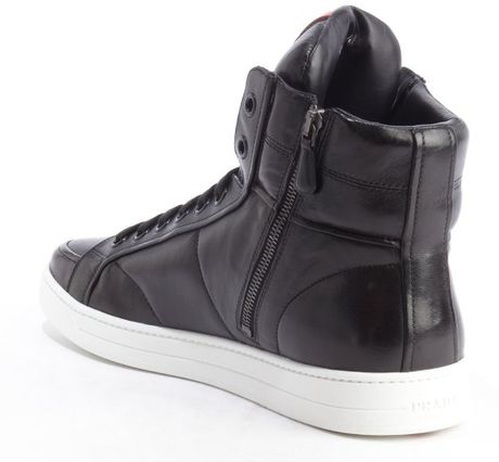 Prada Black and White Leather Zipper Detail Lace Up Sneakers in Black ...