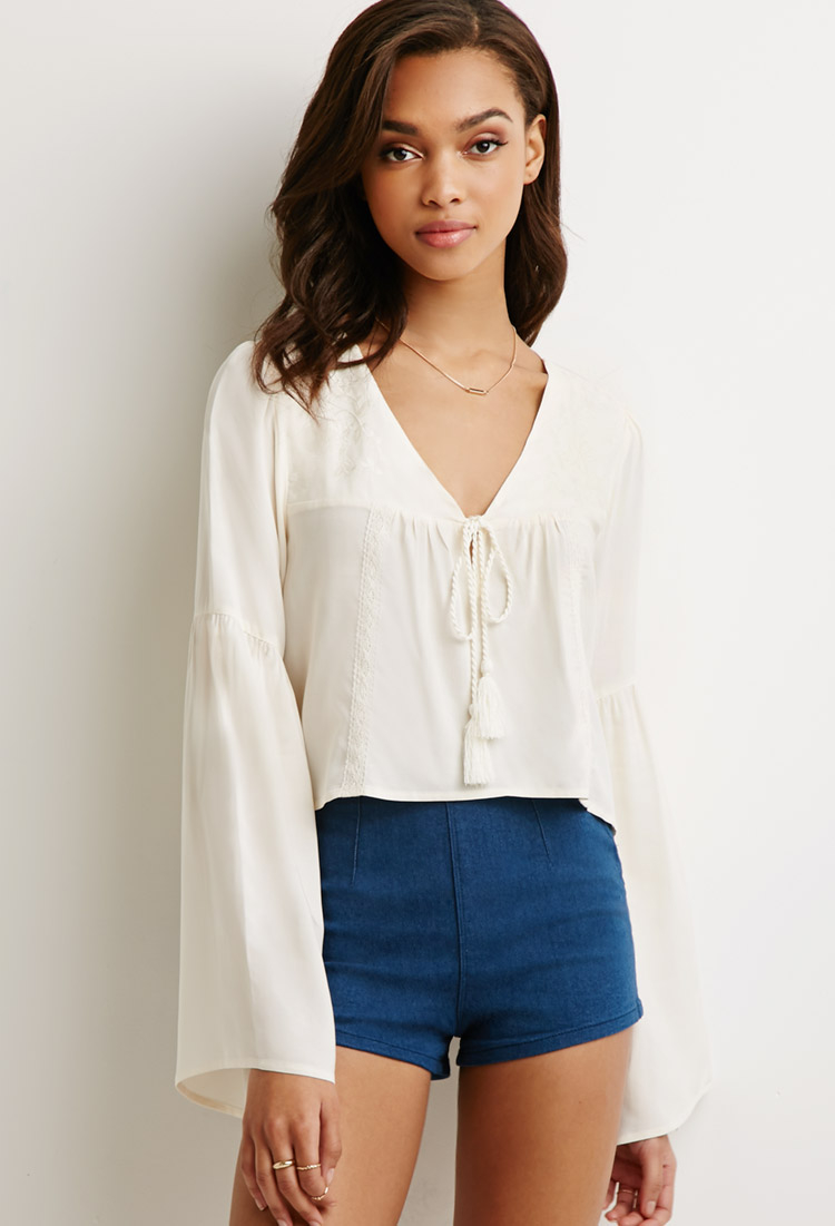 Forever 21 Embroidered Bell-sleeve Peasant Top in Natural | Lyst