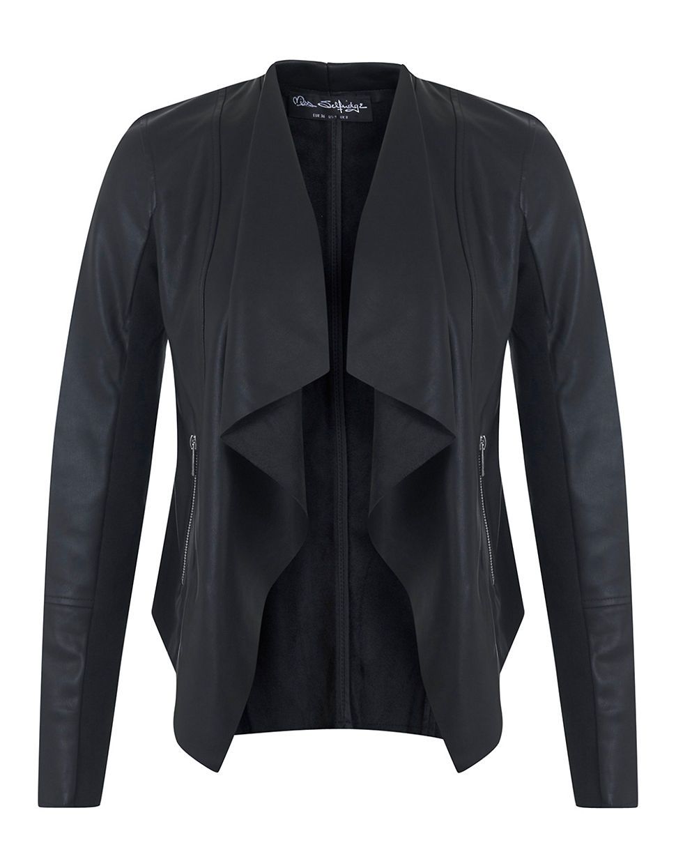 Miss Selfridge Faux Leather Waterfall Jacket In Black Lyst Gallery