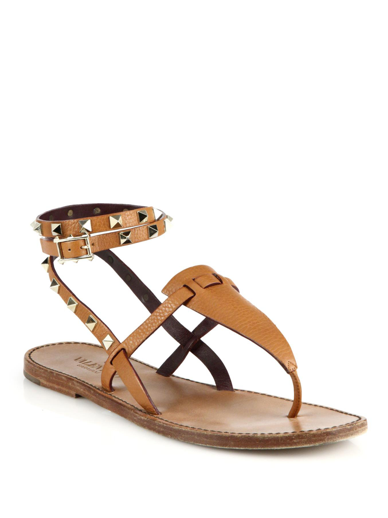 Lyst - Valentino Rockstud Wrap-around Strap Leather Thong Sandals in Brown