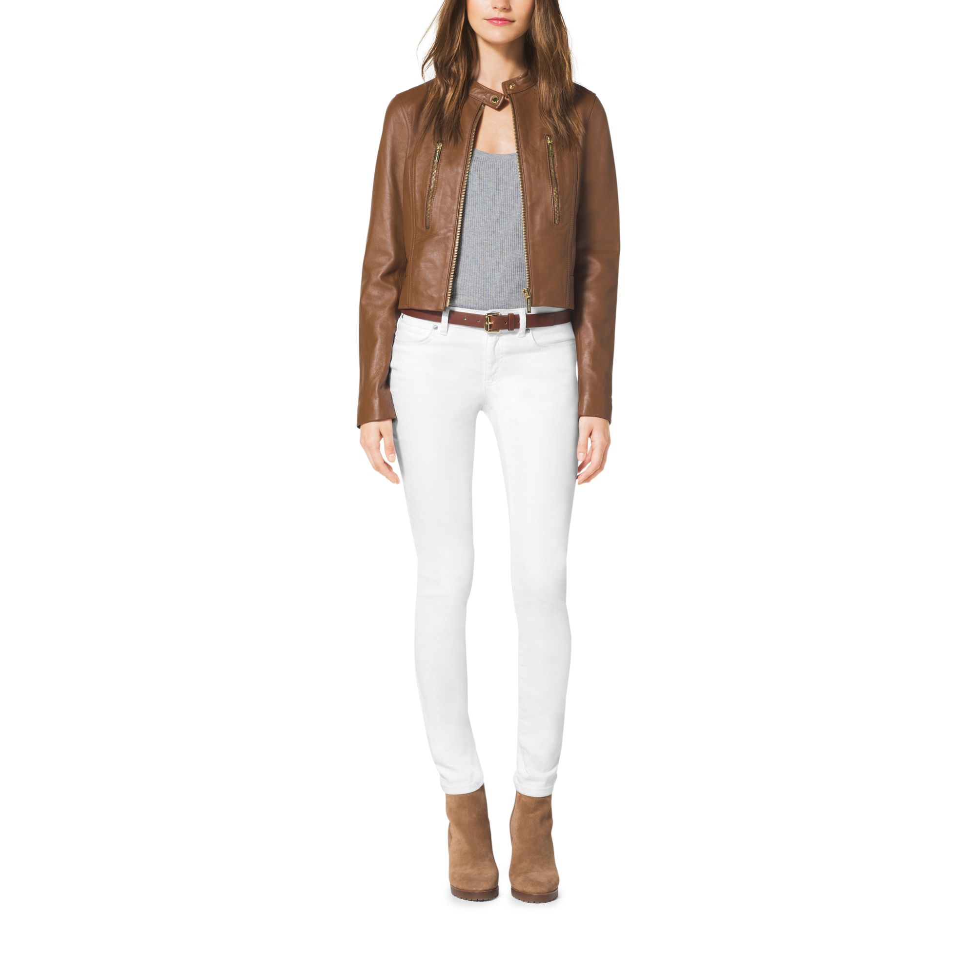 Michael Kors Cropped Leather Jacket In Brown Lyst Gallery Women S Cropped Leather Jackets