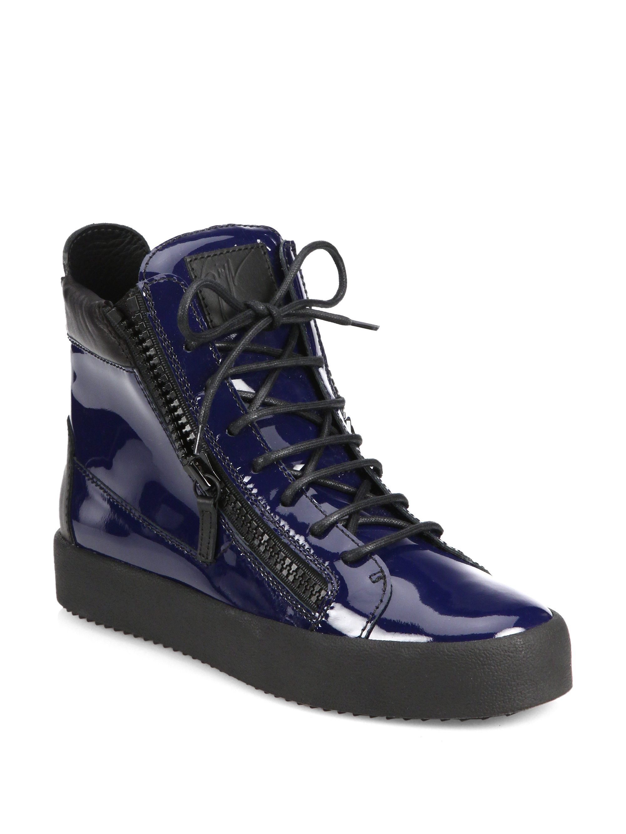 Giuseppe zanotti Patent Double Zip High-top Sneakers in Blue | Lyst