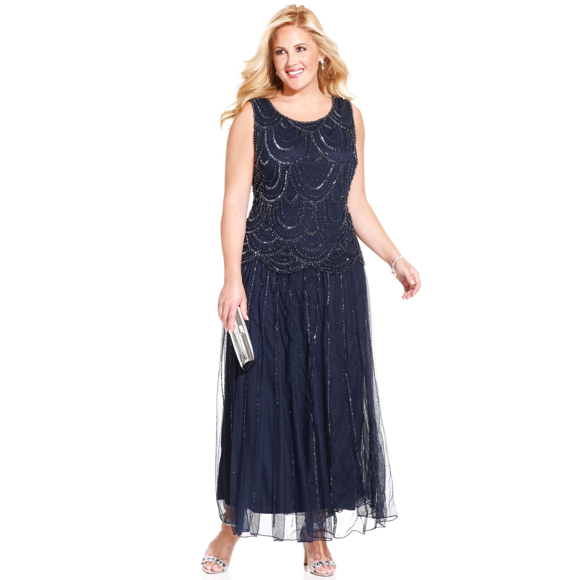 Pisarro Nights Plus Size Threequartersleeve Beaded Gown in Blue (Navy ...