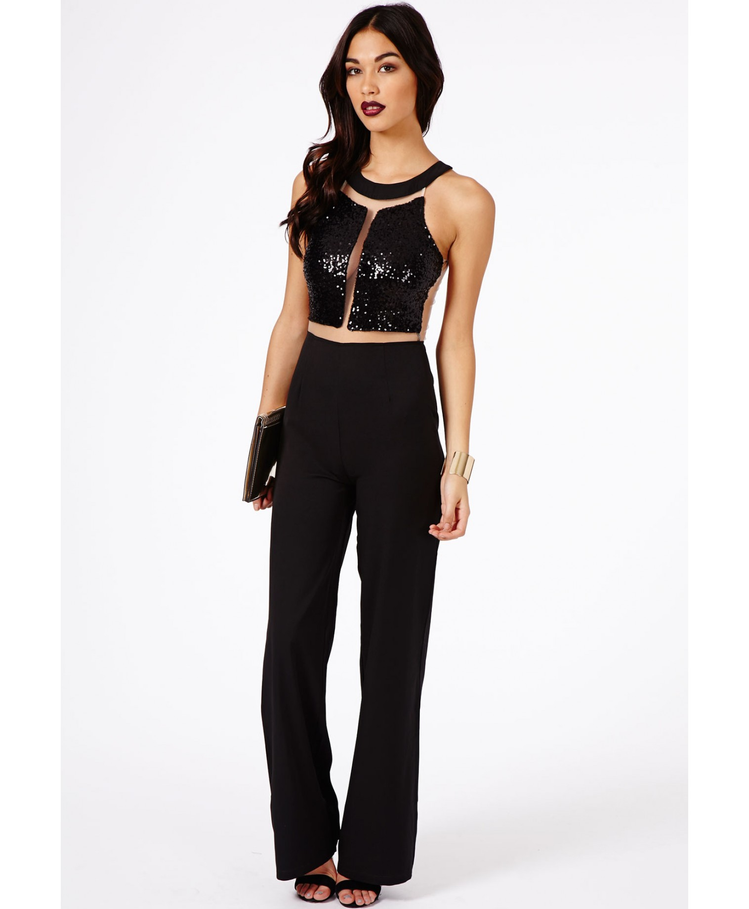 Lyst - Missguided Shaween Sequin Mesh Panelled Jumpsuit In Black in Black