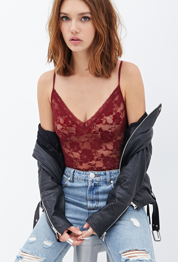 Forever 21 Sheer Lace Bodysuit In Red Lyst 6288