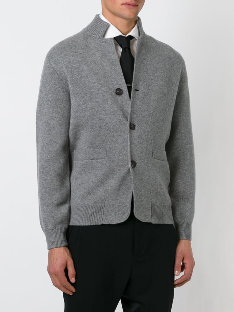 Lyst - Brunello Cucinelli Ribbed Stand Up Collar Cardigan in Gray for Men