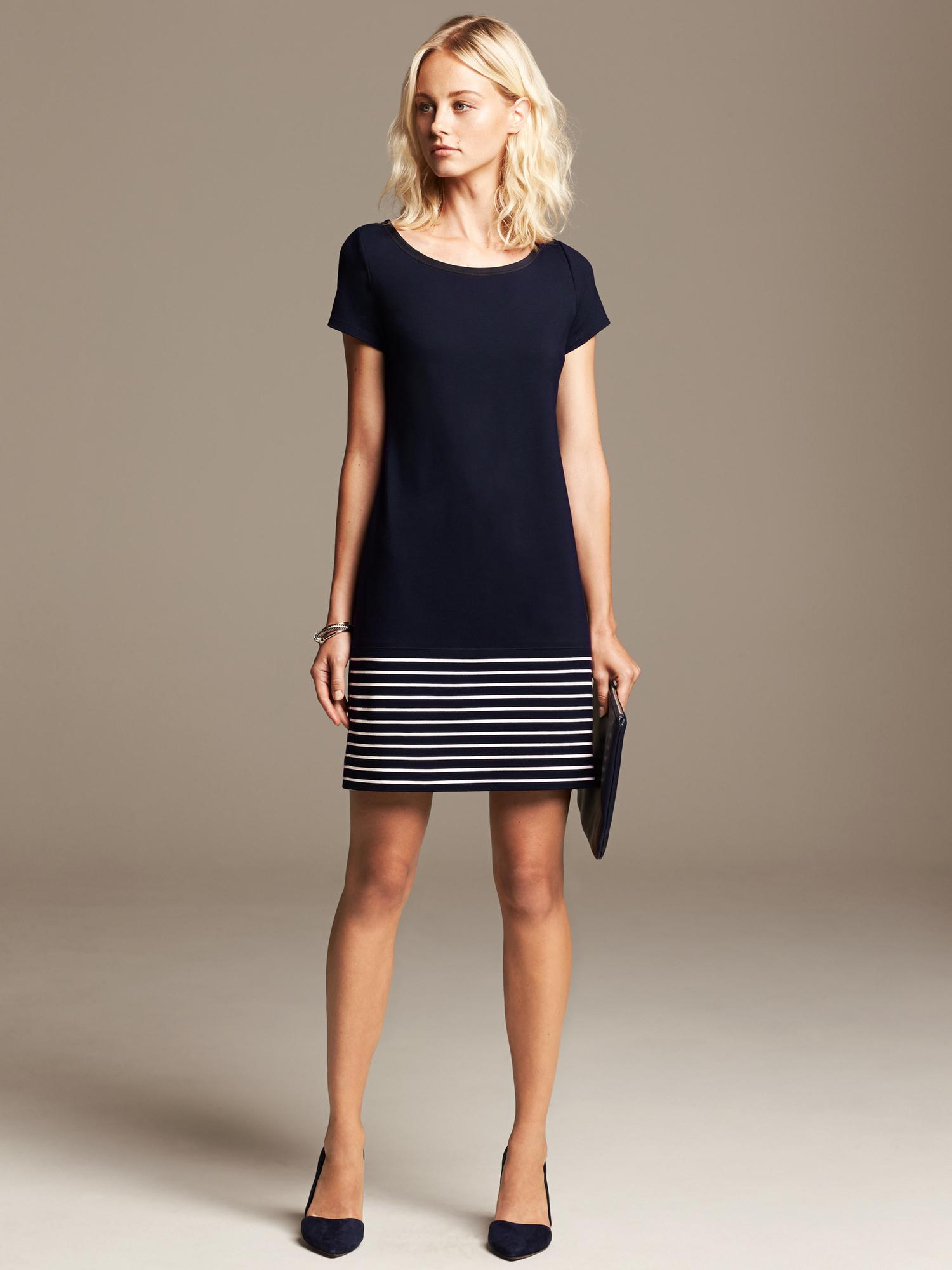 Banana Republic Stripe Hem Ponte Dress Preppy Navy In Black Preppy Navy Lyst