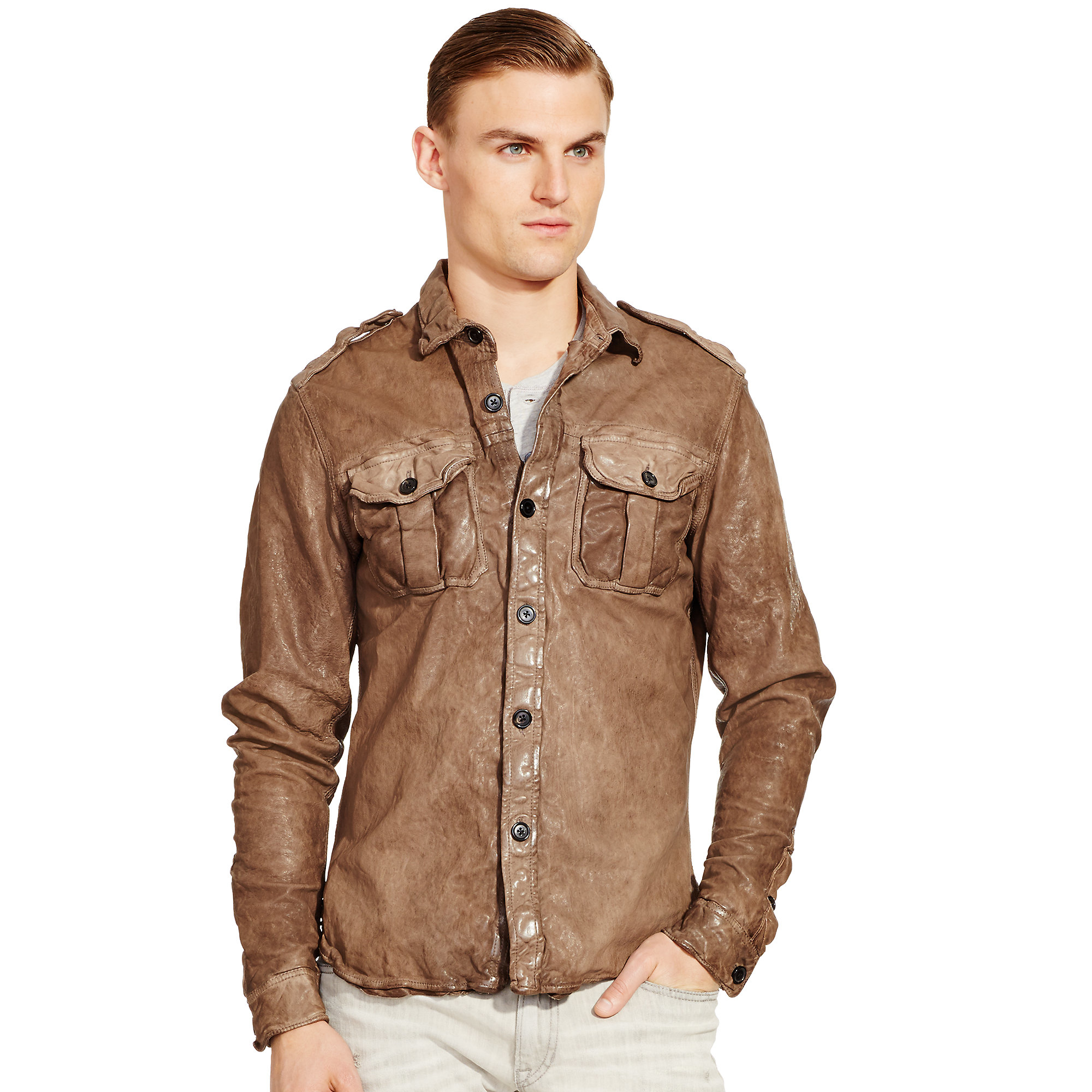 Lyst Ralph Lauren Black Label Leather Flight Shirt Jacket In Brown Gallery
