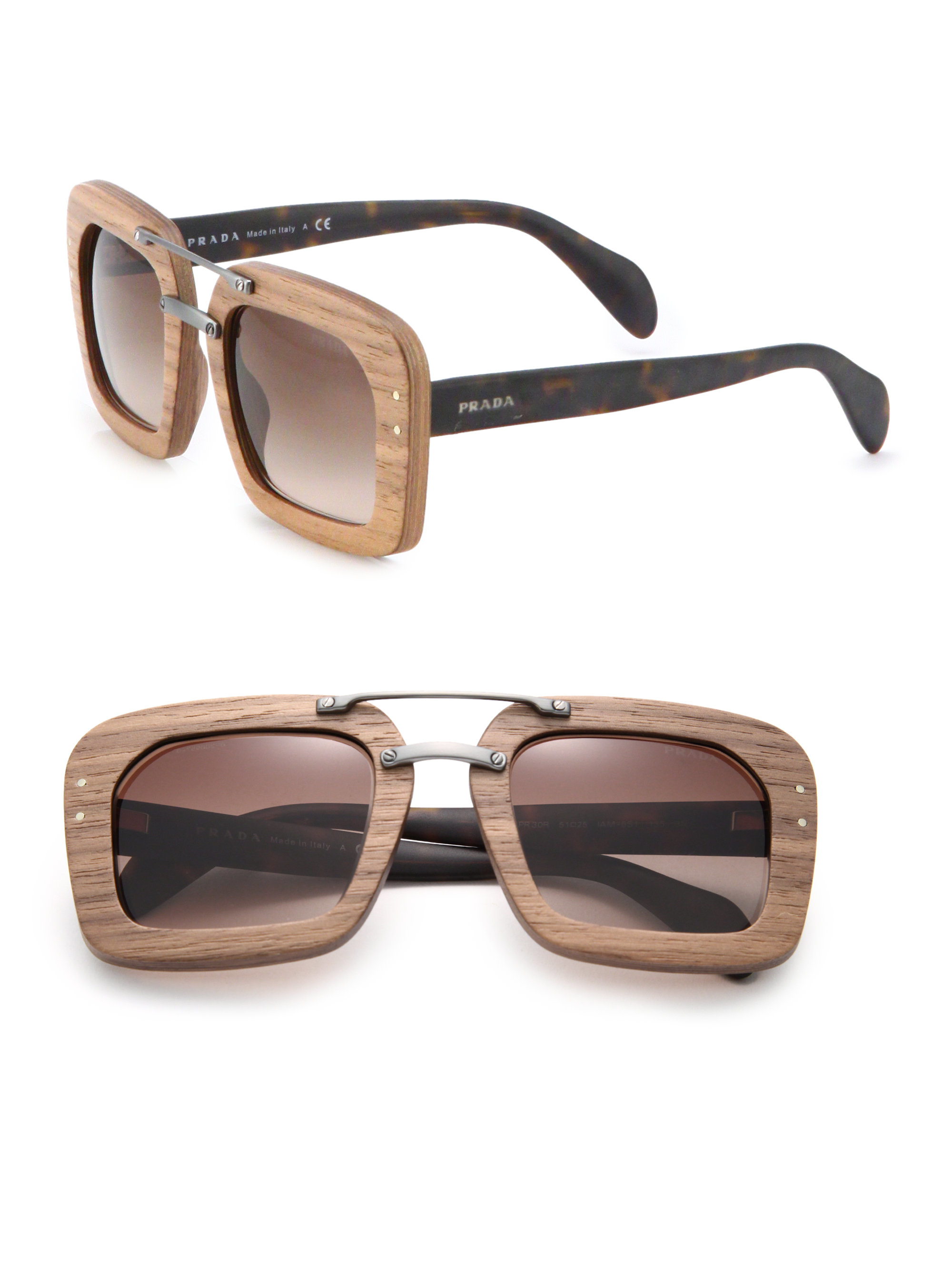 Prada Wooden 51mm Square Sunglasses in Brown (light wood) | Lyst  