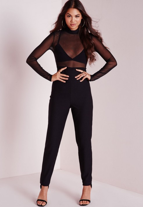 Lyst Missguided Sheer Top High Neck Jumpsuit Black In Black