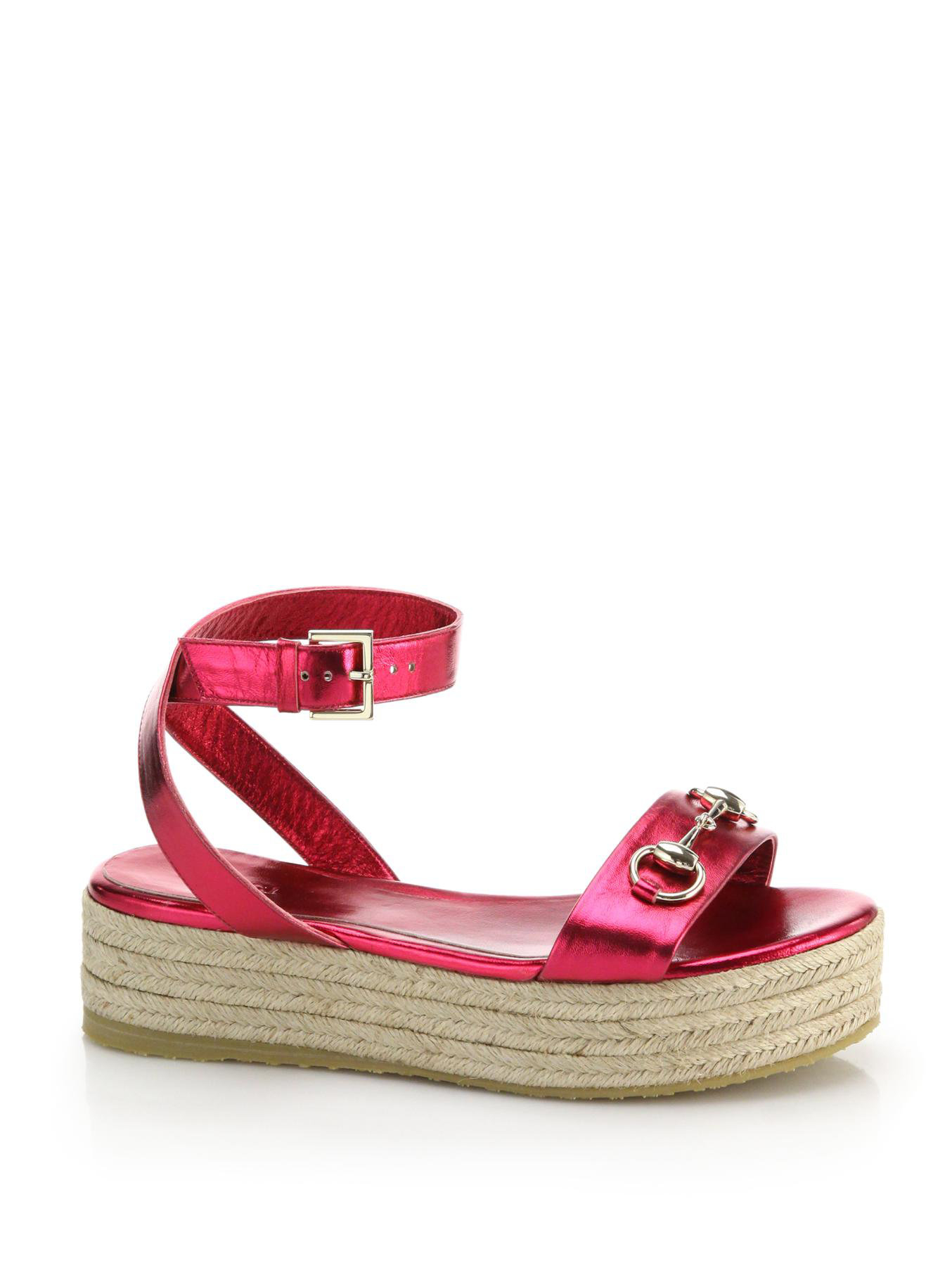 Gucci Metallic Leather & Raffia Horsebit Platform Sandals in Red (raspberry) Lyst