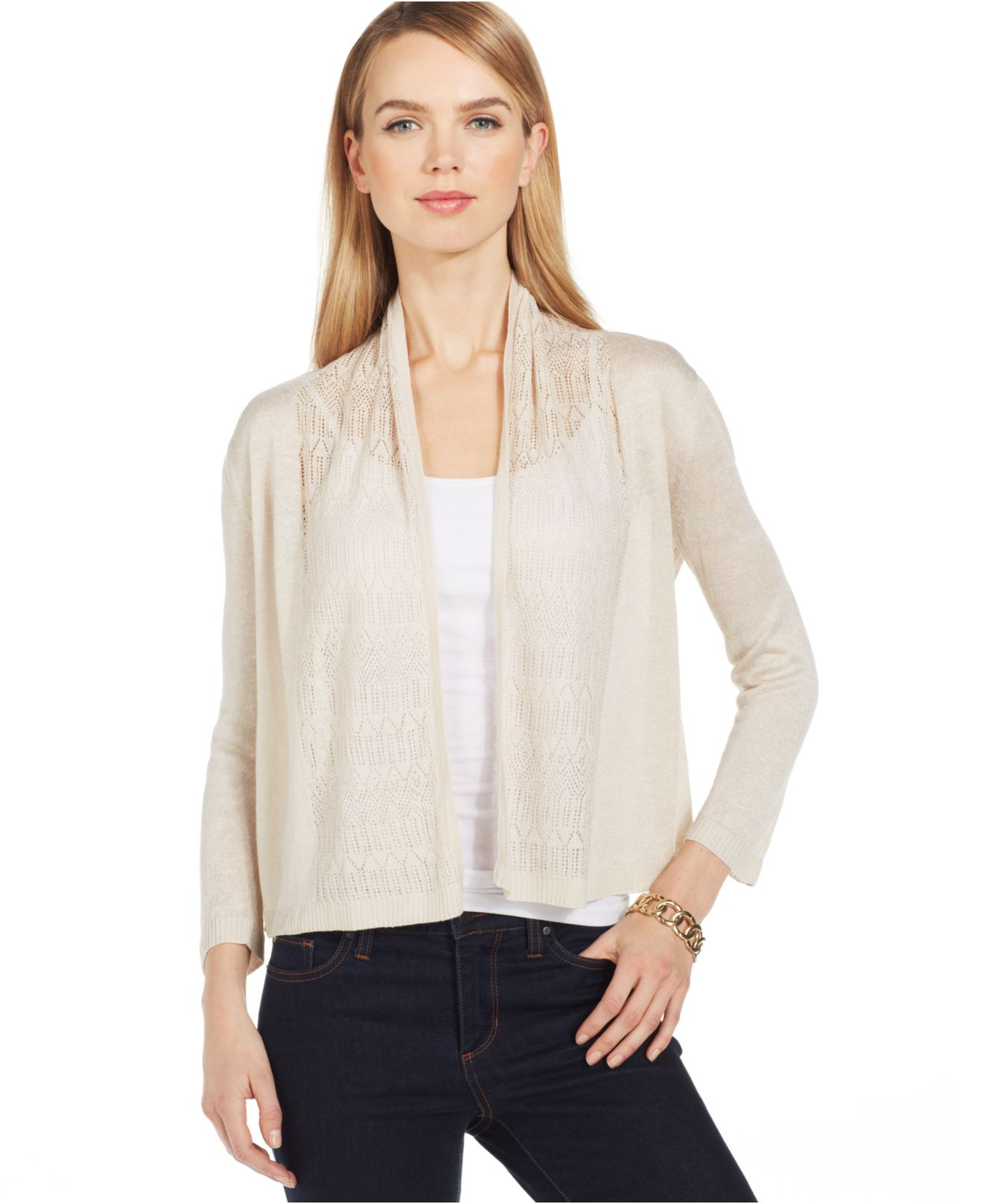 Lyst - Jones New York Collection Pointelle-Trim Open Cardigan in Natural