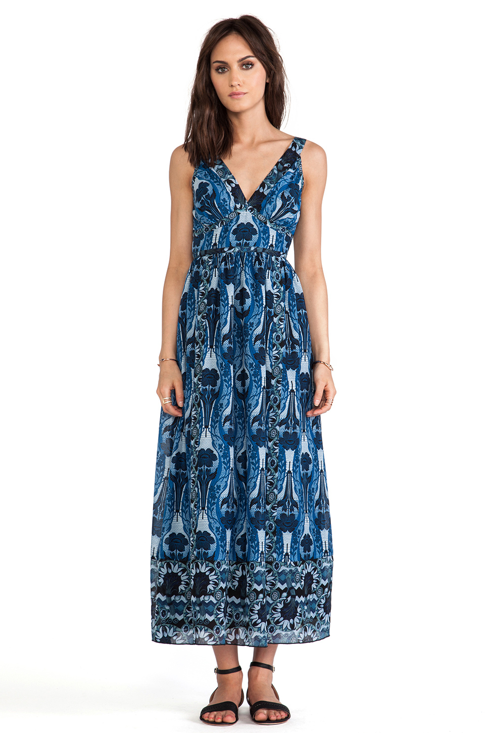 Anna sui Printed Silk-Blend Maxi-Dress in Blue | Lyst