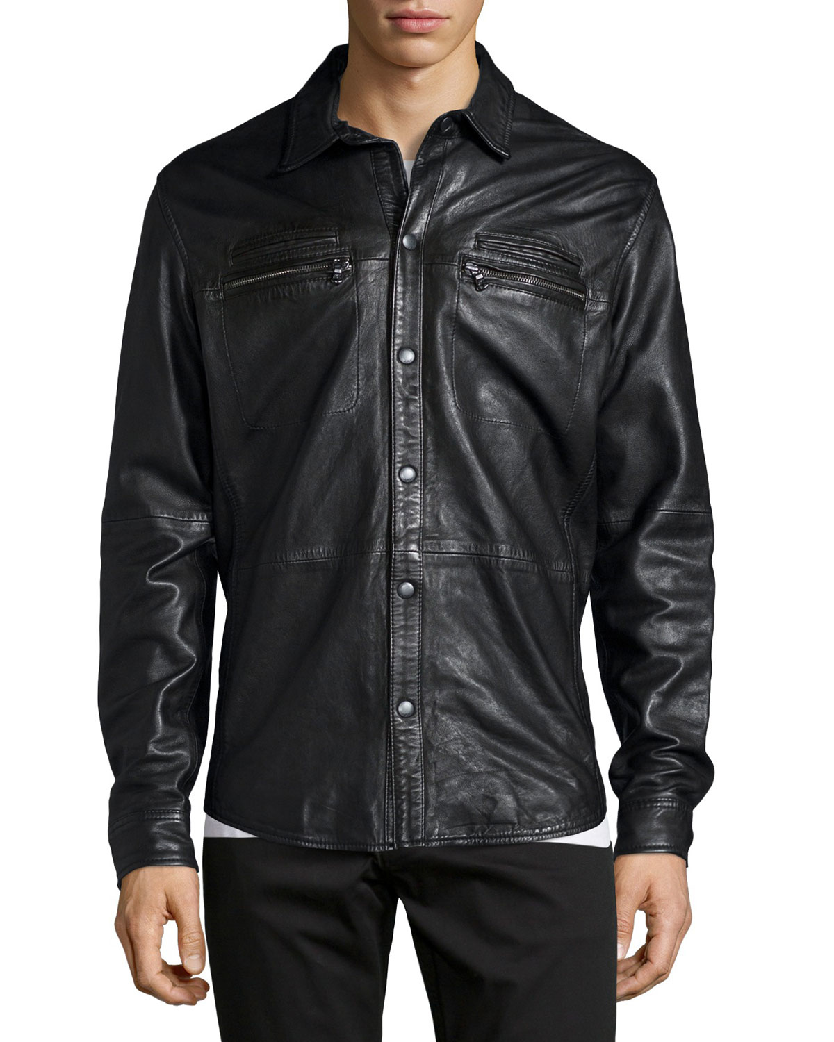John varvatos Zip-pocket Leather Shirt Jacket in Black for Men | Lyst