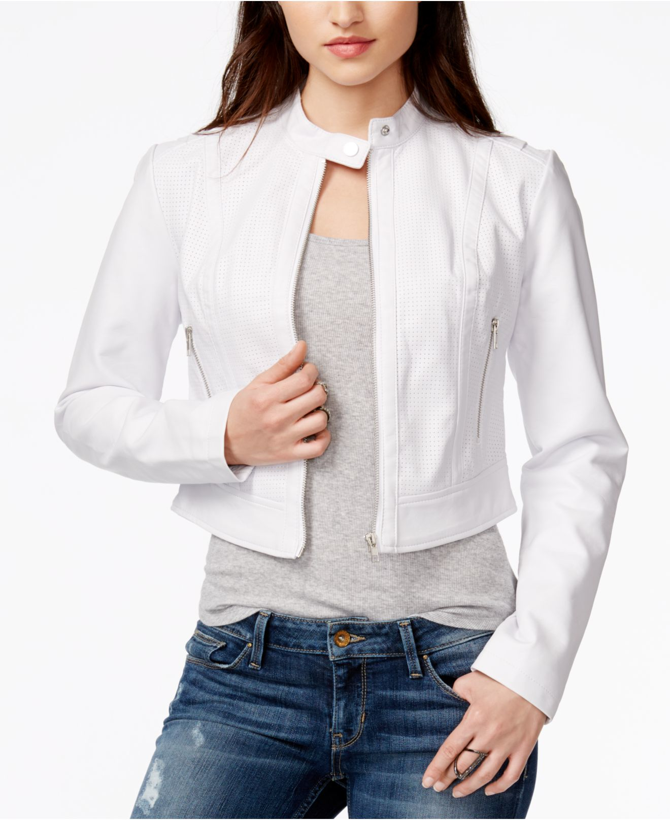 Guess Natalie Perforated Faux Leather Moto Jacket In White Lyst Gallery
