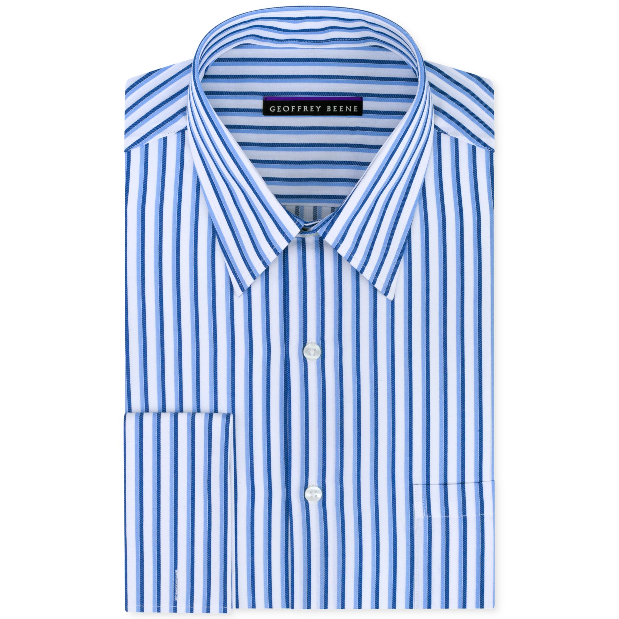 Geoffrey Beene Noniron White and Blue Stripe French Cuff Shirt in Blue ...