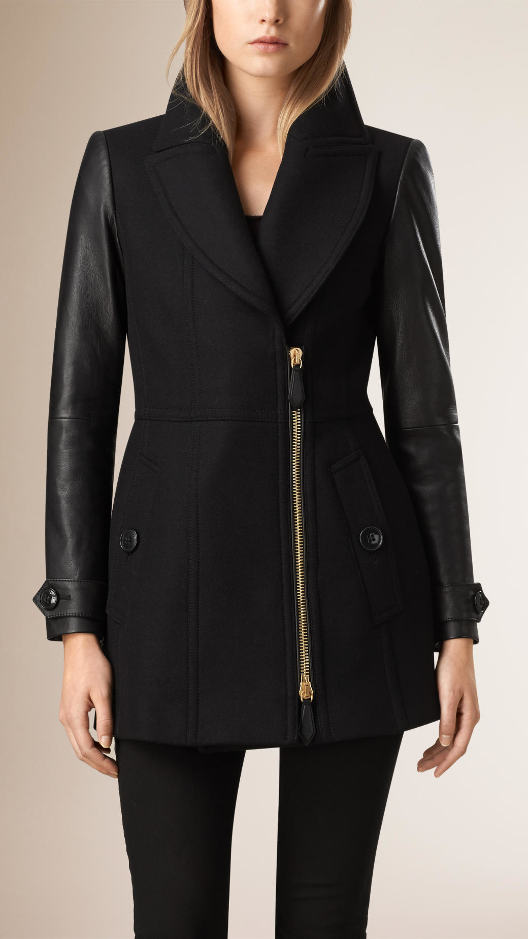 Lyst - Burberry Wool Cashmere Pea Coat With Lambskin Sleeves in Black