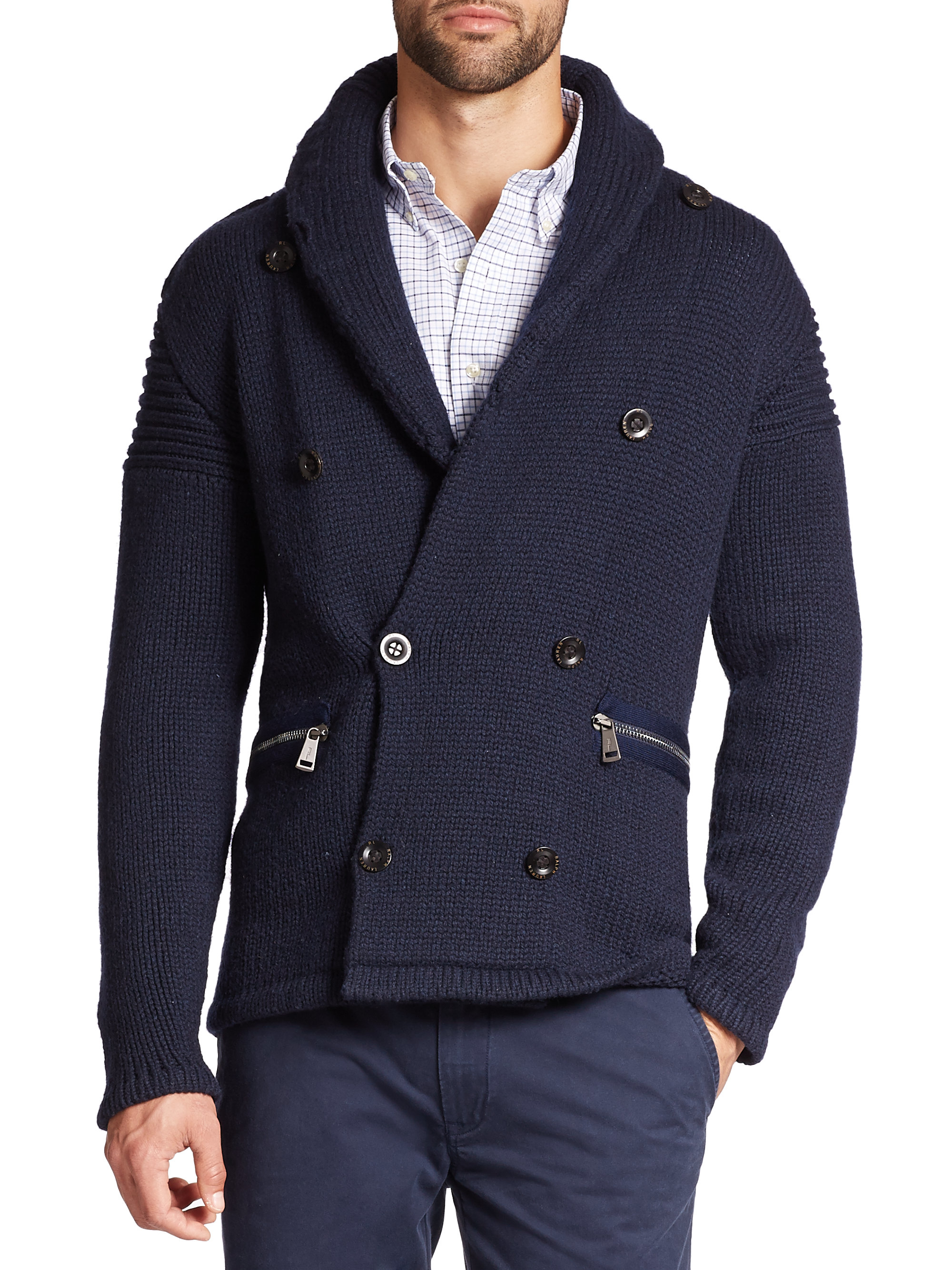 Polo ralph lauren Double-breasted Shawl Cardigan in Blue for Men | Lyst