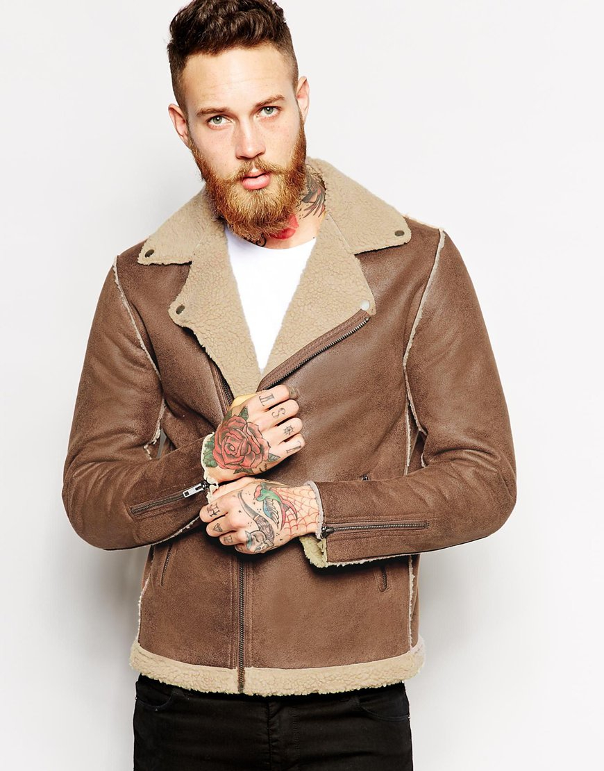 Lyst Asos Biker Jacket In Faux Shearling Brown For Men Gallery