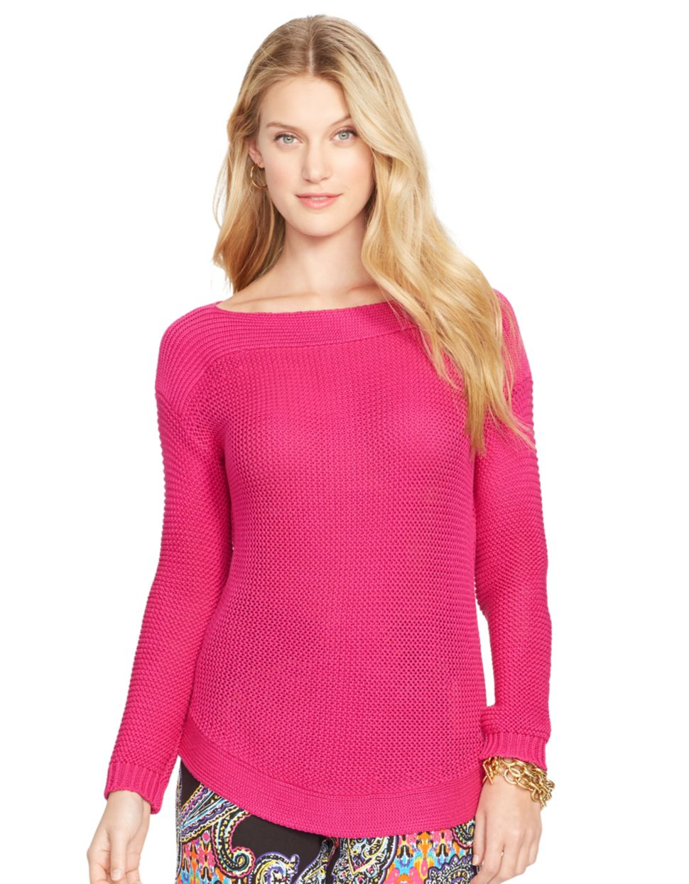 Lauren by ralph lauren Petite Boatneck Cotton Sweater in Pink Lyst