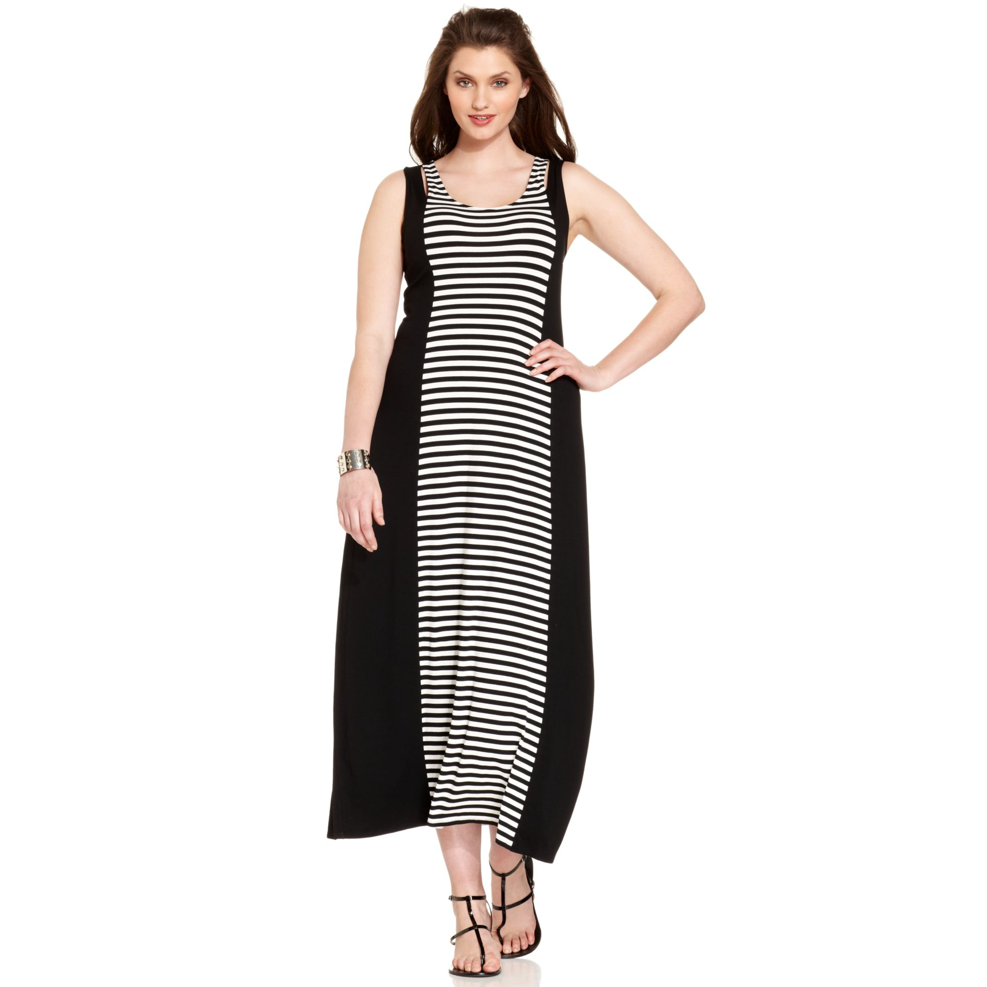 Vince Camuto Plus Size Sleeveless Striped Maxi Dress in Black (Rich ...