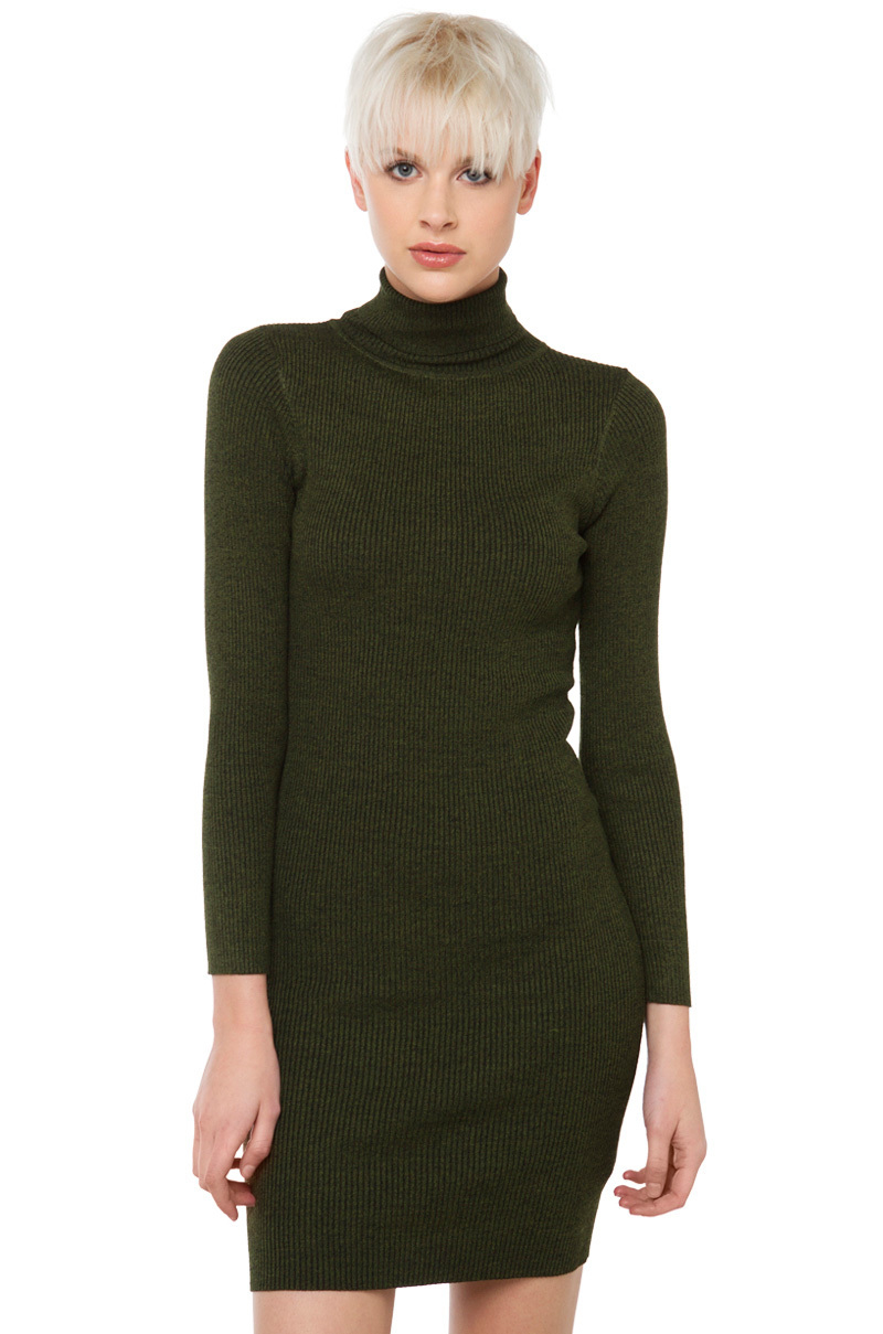 Akira Turtleneck Long Sleeve Sweater Dress - Olive/black in Green ...