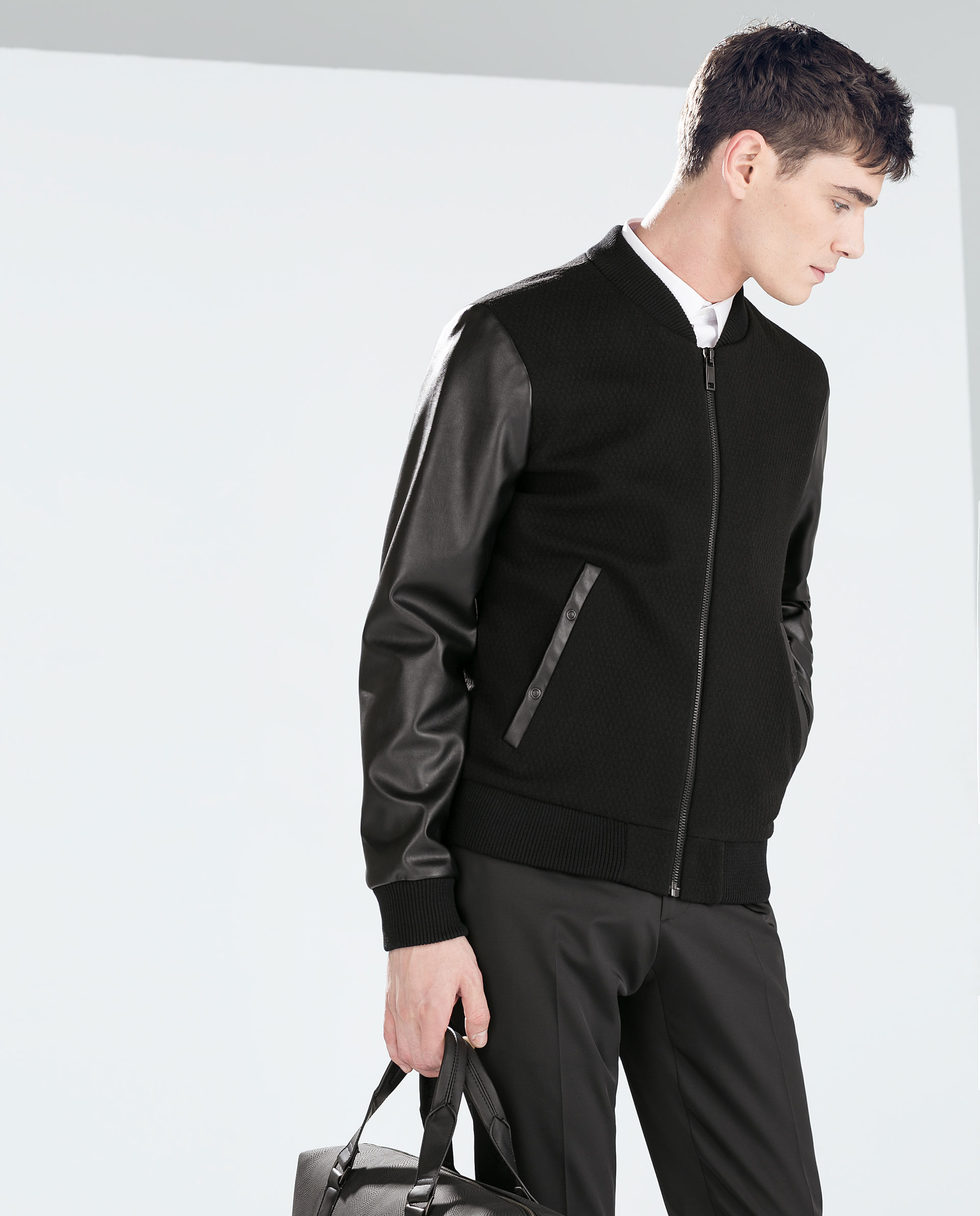 Zara Jacket With Faux Leather Sleeves In Black For Men Lyst Gallery