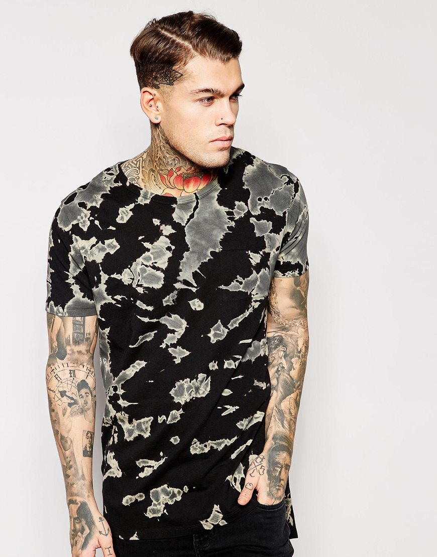 Asos Longline T-shirt With Bleached Tie Dye Wash in Black ...
