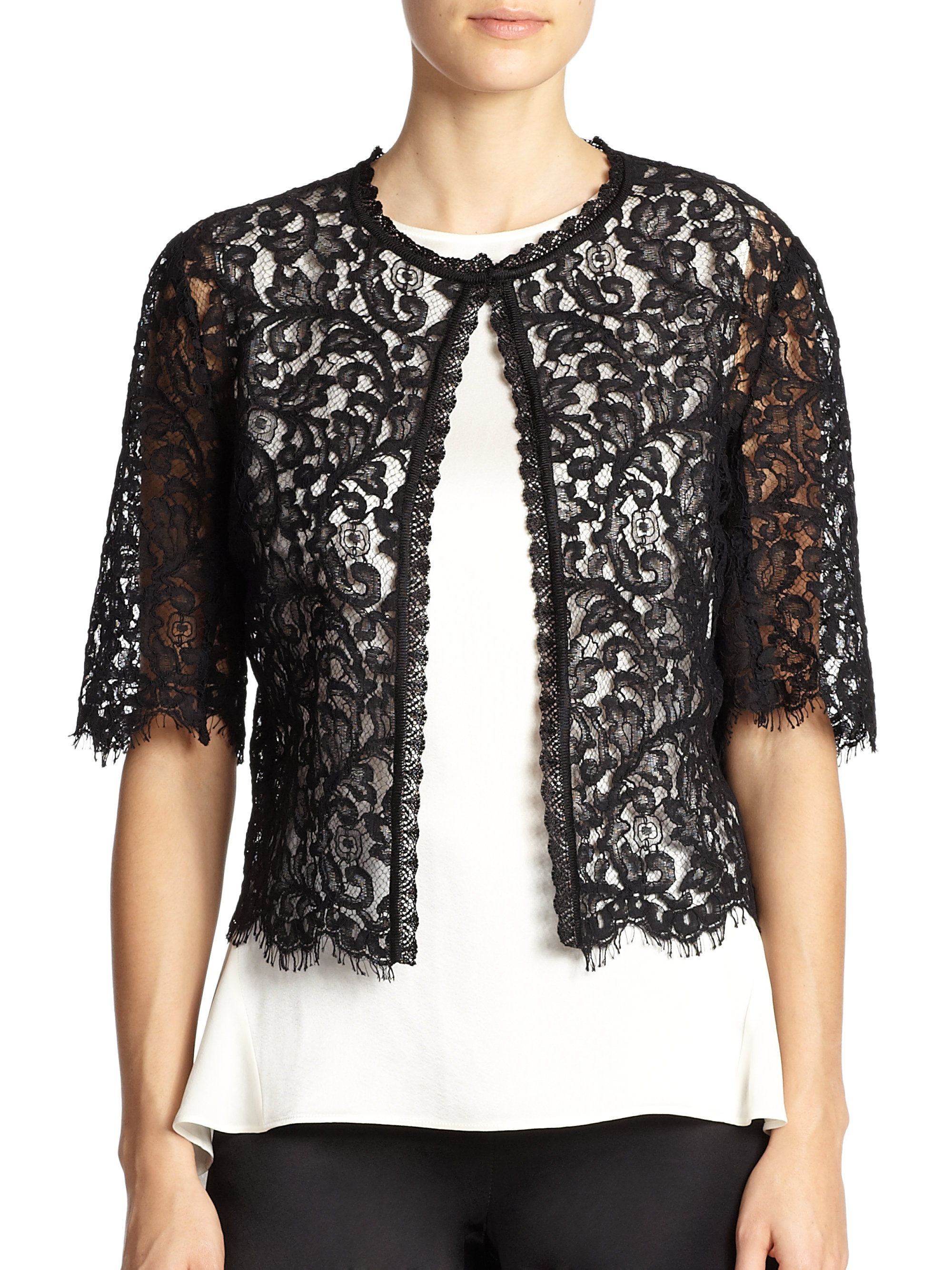 St. john Cropped Lace Cardigan in Black | Lyst