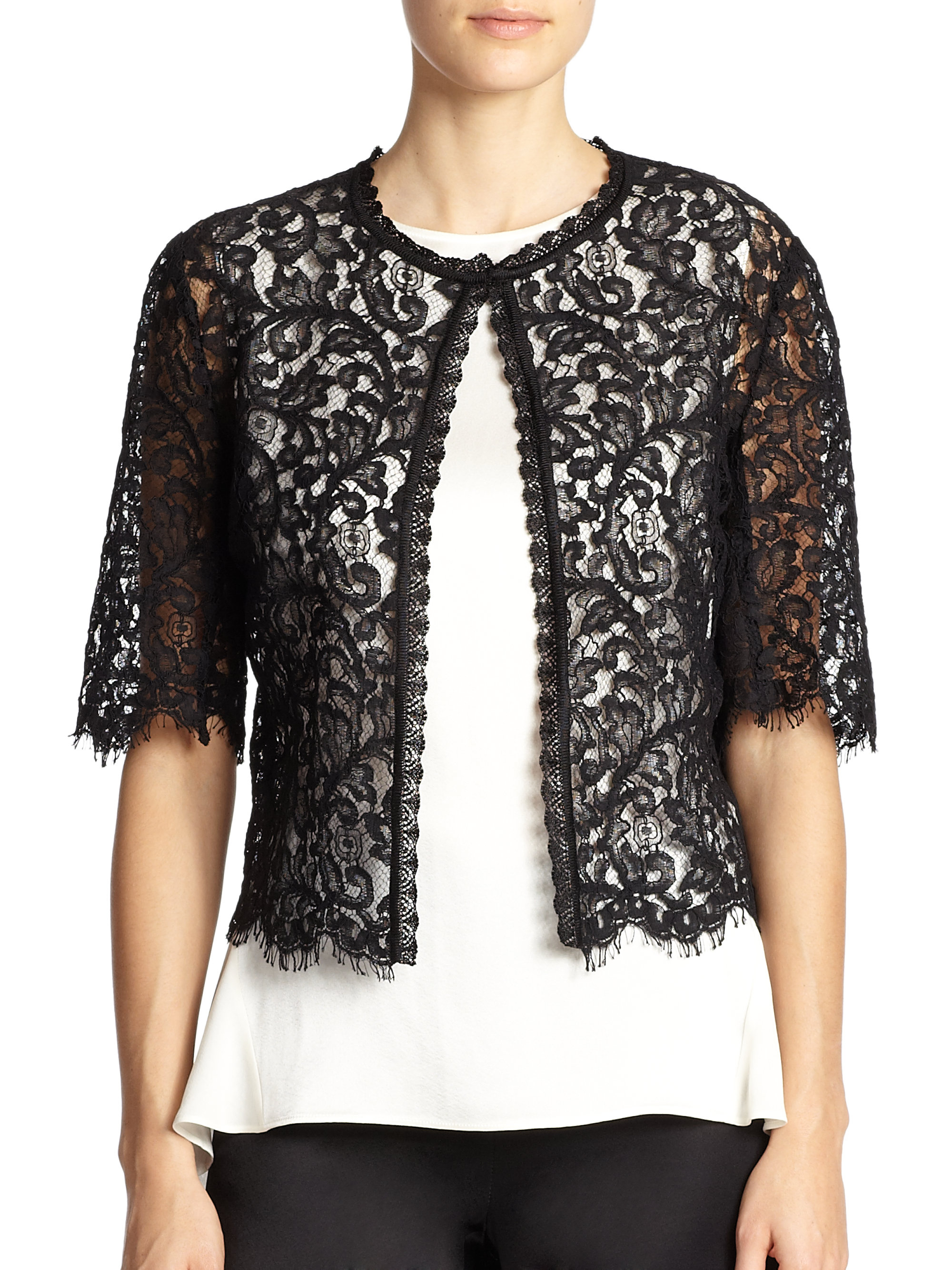 Lyst St John Cropped Lace  Cardigan  in Black