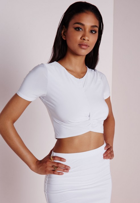 Lyst - Missguided Knot Front Capped Sleeve Slinky Crop Top White in White