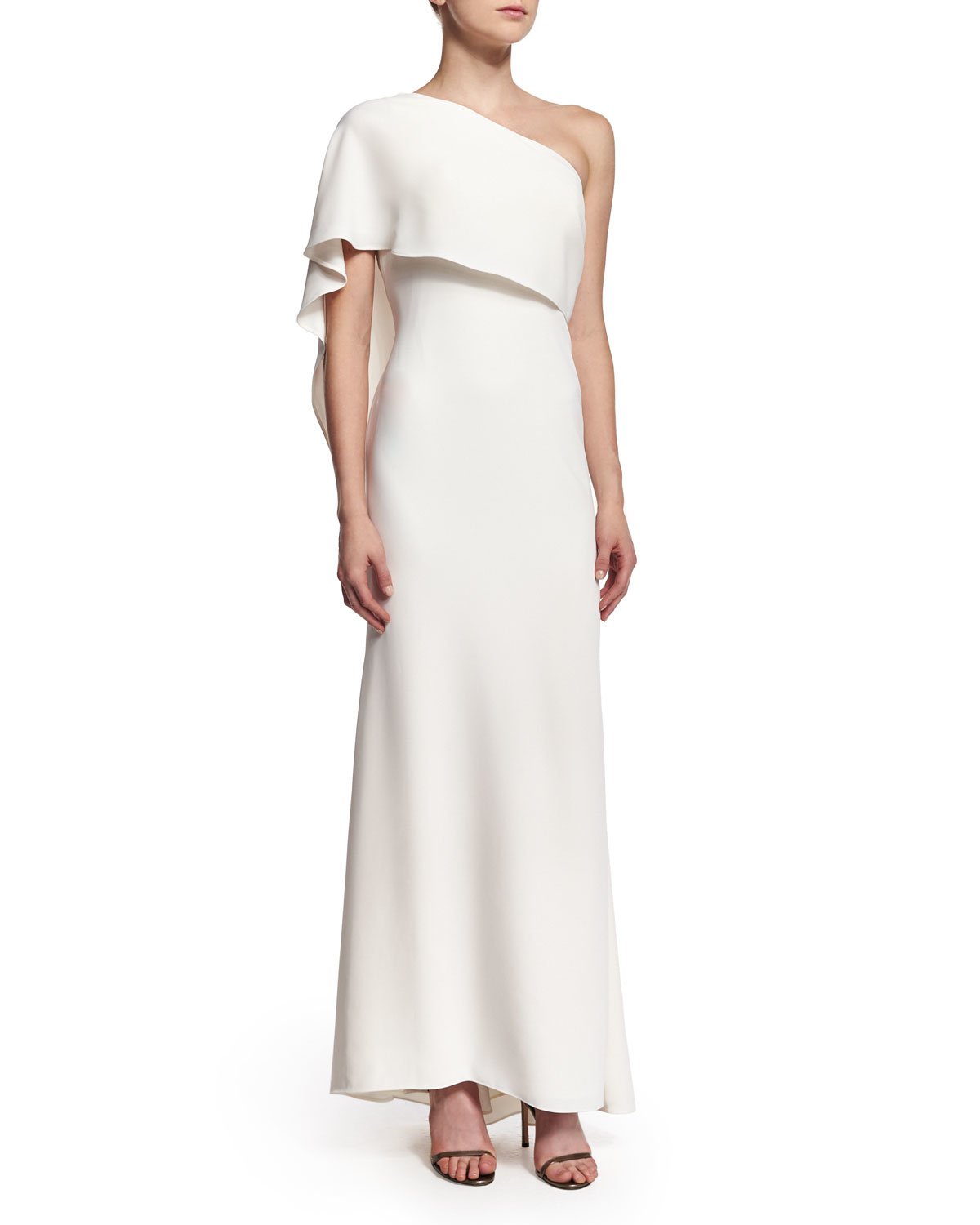 Lyst Carmen Marc Valvo One Shoulder Capelet Gown In White Gallery