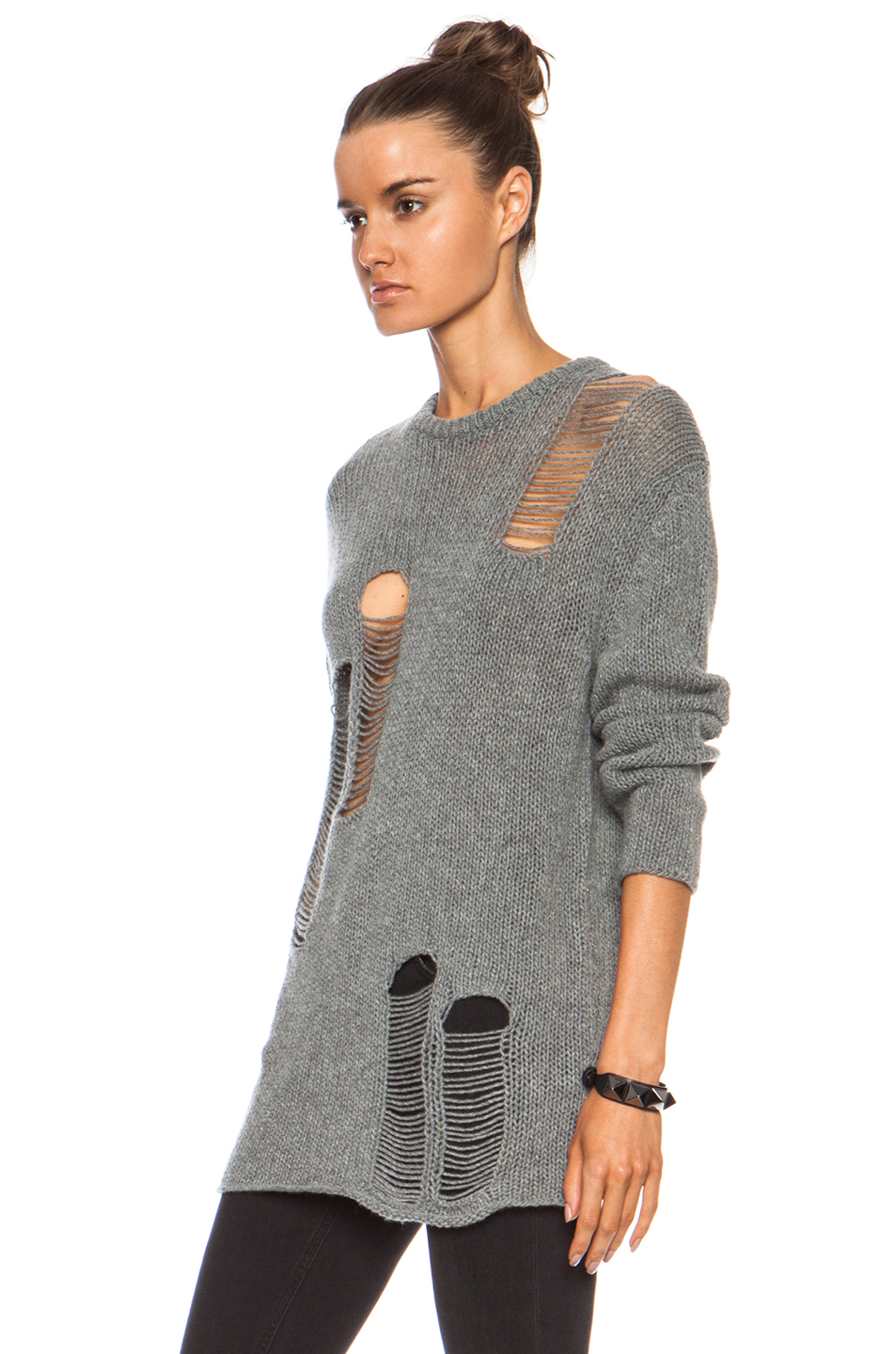 Download R13 Shredded Crew Cashmere Sweater in Gray (Heather Grey ...