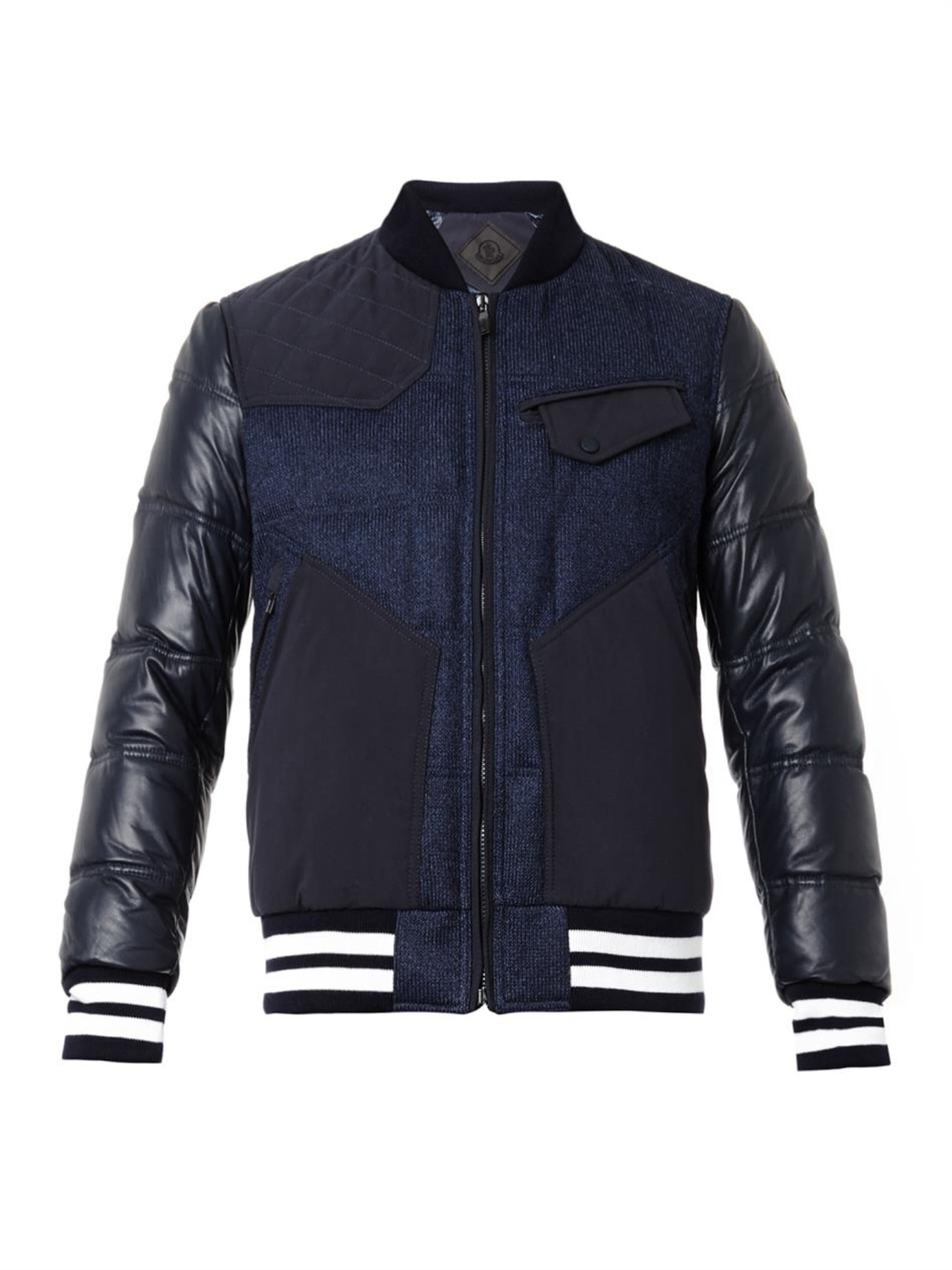 Moncler Leather-panel Varsity Jacket in Blue for Men | Lyst