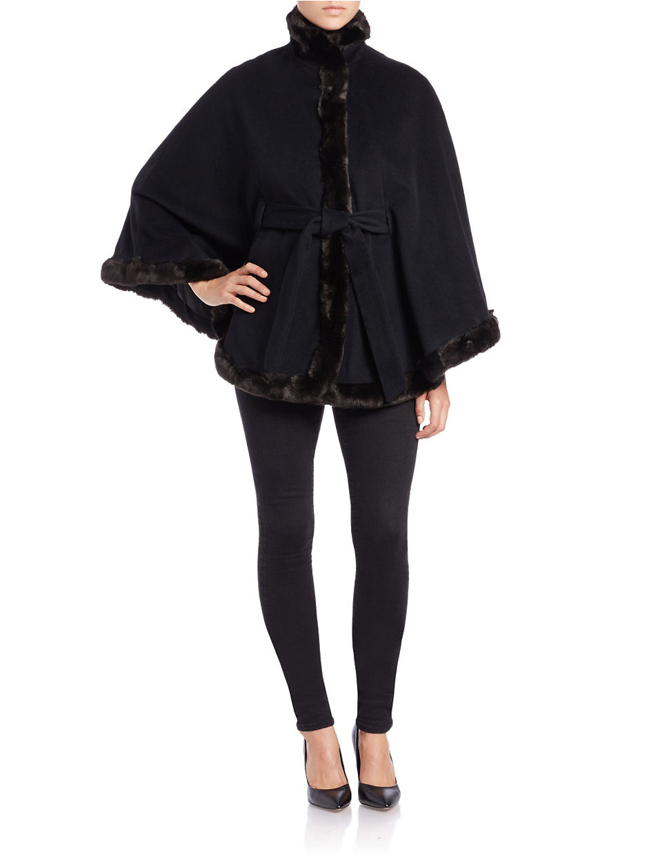Ellen Tracy Faux Fur Collar Belted Coat In Brown Lyst Fleurette Genuine Fox Fur Trim Hooded Wrap Coat For Women