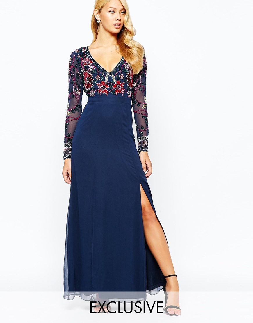 Lyst - Frock And Frill Floral Embellished Thigh Split Maxi Dress With ...