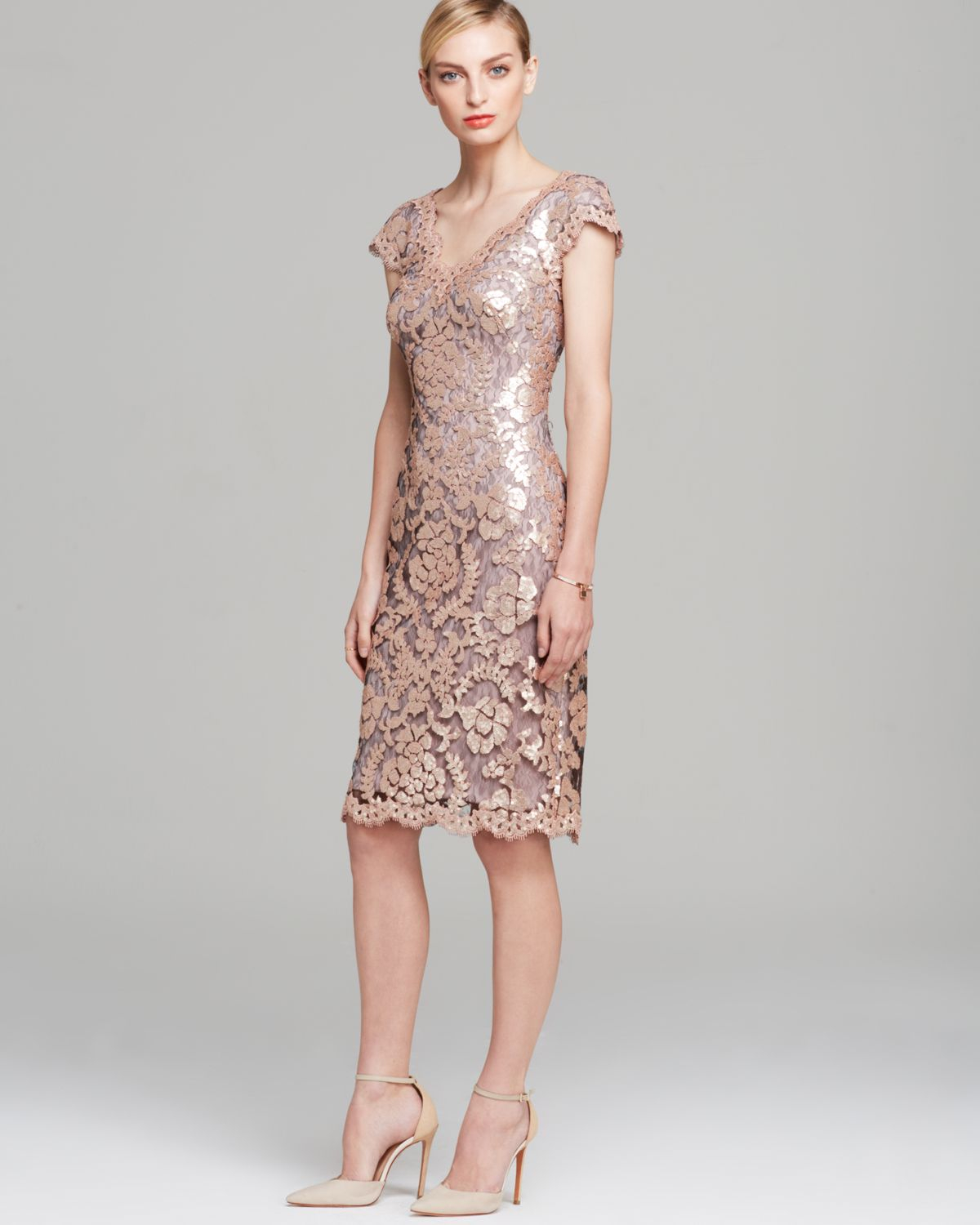 Lyst Tadashi Shoji Dress V Neck Cap Sleeve Sequin In Metallic Gallery