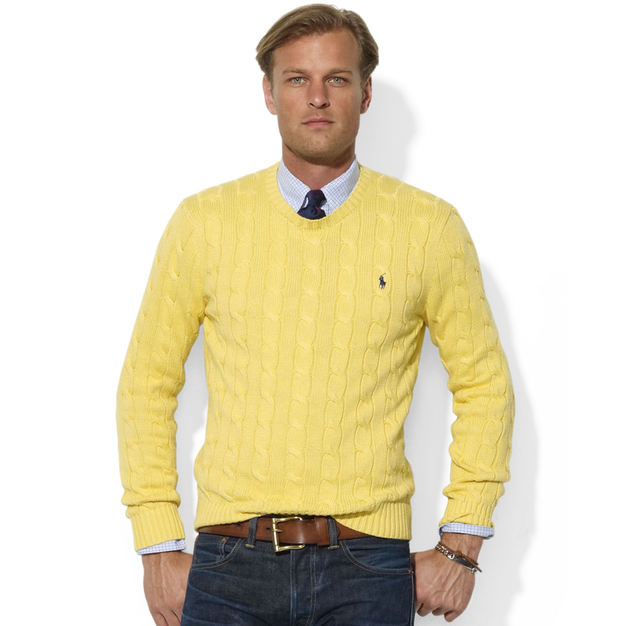 Lyst - Ralph Lauren Roving Crew Neck Cable Cotton Sweater in Yellow for Men