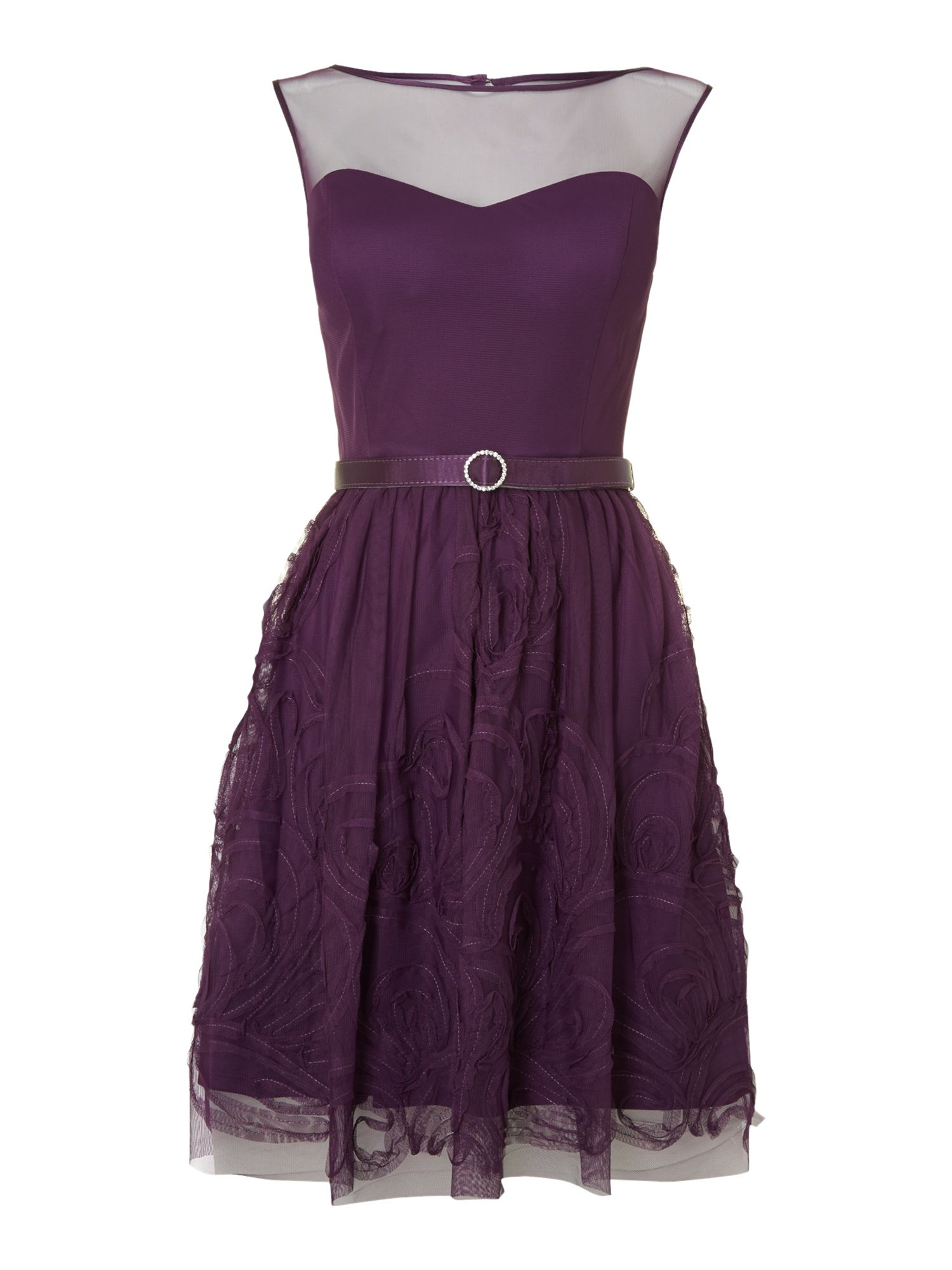 Eliza J Mesh Ribbon Skirt Belted Fit Flare Dress in Purple | Lyst
