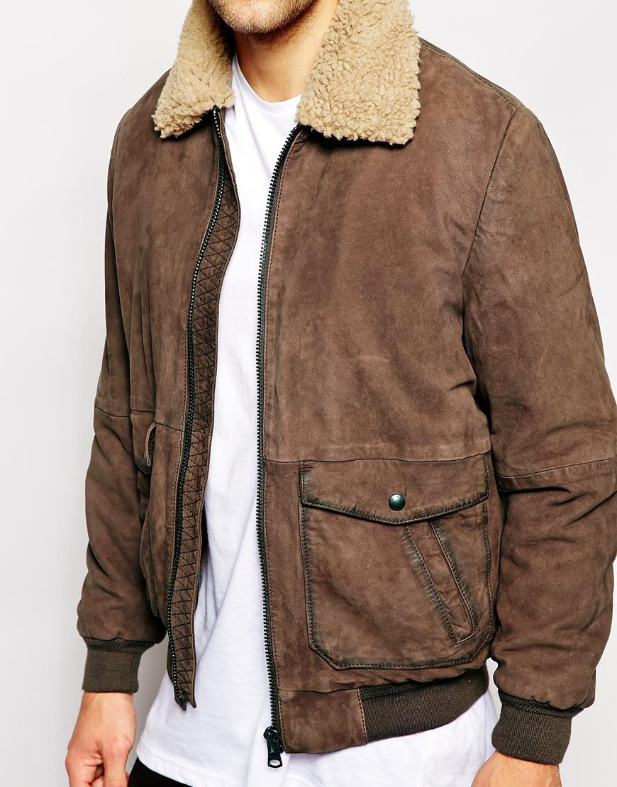 Wrangler Leather Bomber Jacket Sherpa Collar in Brown for Men - Lyst