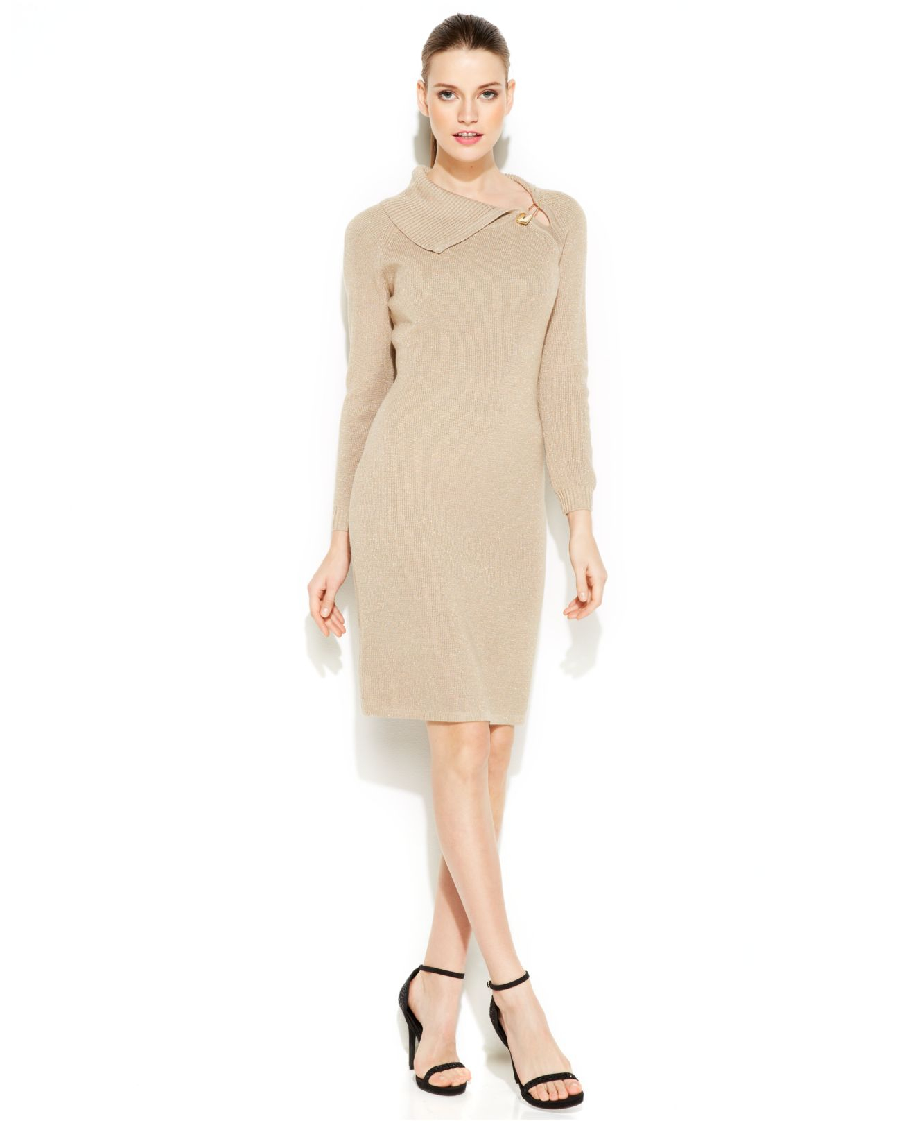 Lyst Calvin Klein Metallic Fold Over Collar Sweater Dress In Gallery